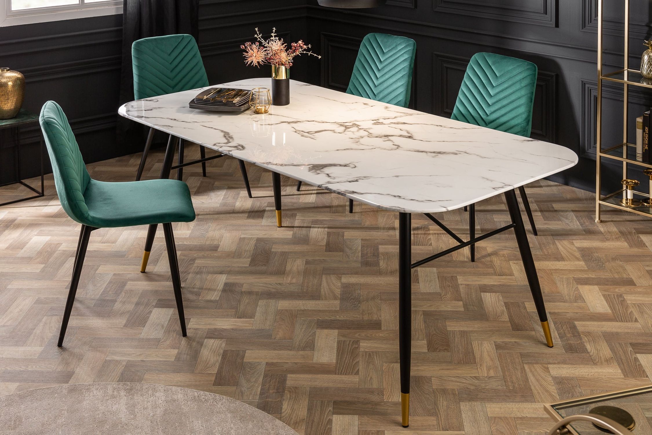 Esstisch Hartglas Metall in Weiß Schwarz Gold 180x90 cm