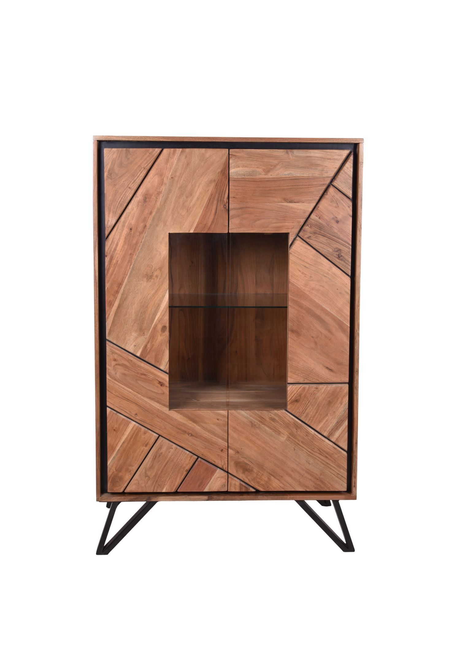 Vitrine Holz Glas Metall 150 cm hoch Natur Schwarz Modern