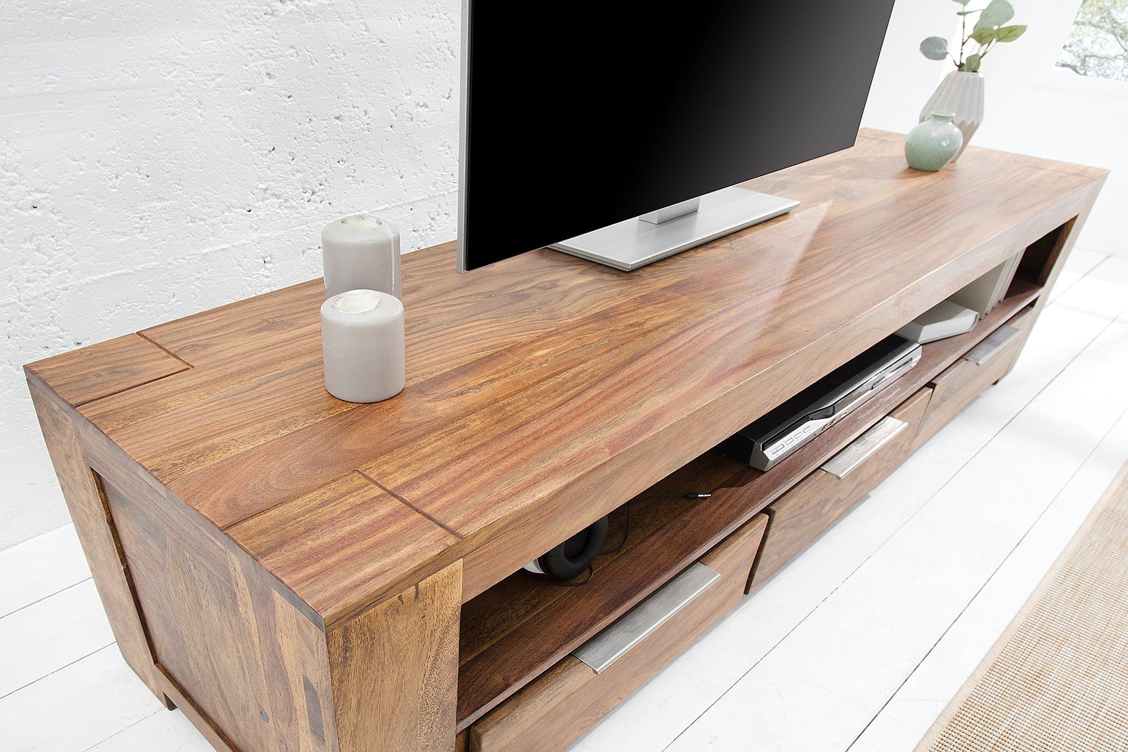 TV Lowboard Holz Sheesham 170 cm breit Schubladen großes Fach