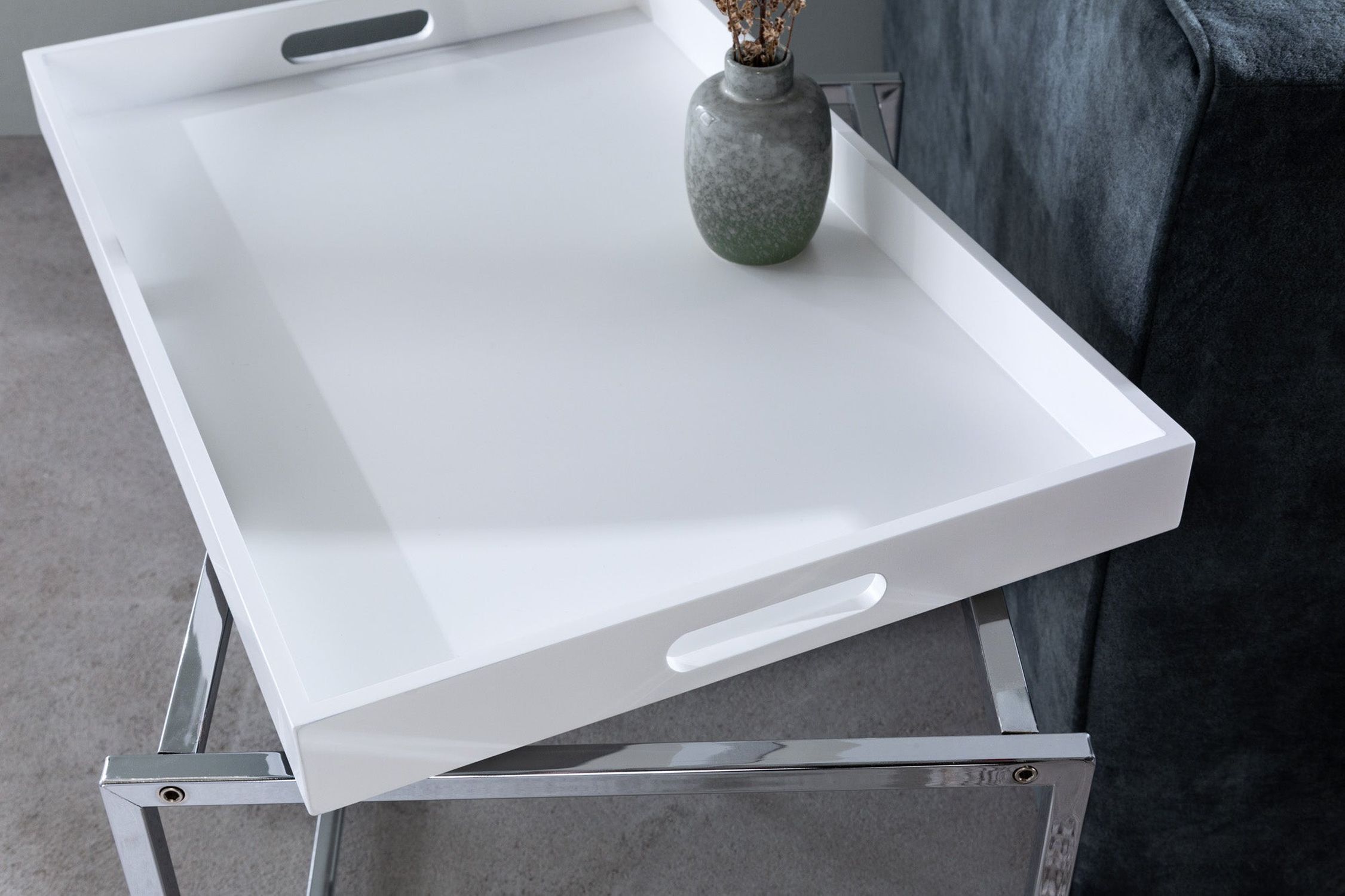 Couchtisch 2er Set MDF Metall in Weiß Chrom mit Tabletts