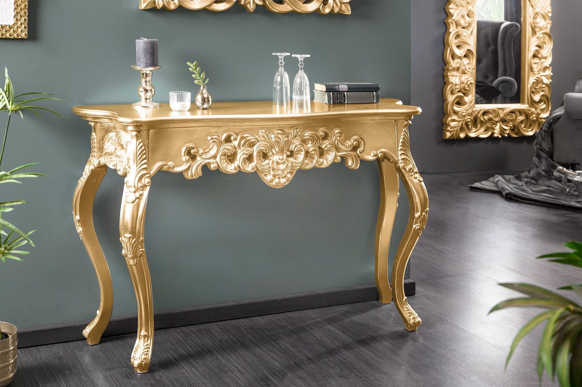Konsolentisch Holz Polyurethan in Gold 110cm Handarbeit