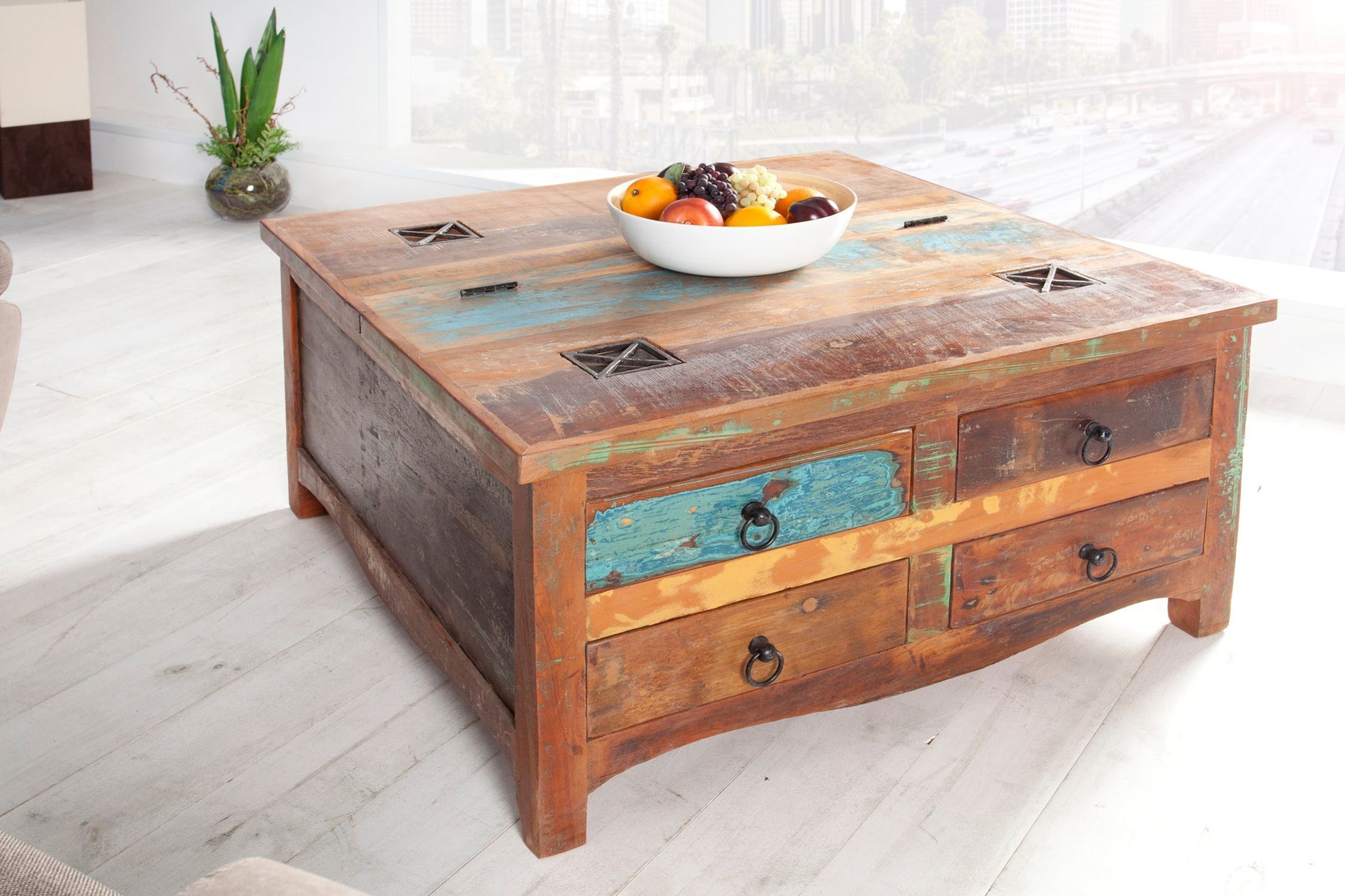 Couchtisch mit Schublade recyceltem Holz Bunt Braun 70x70 cm