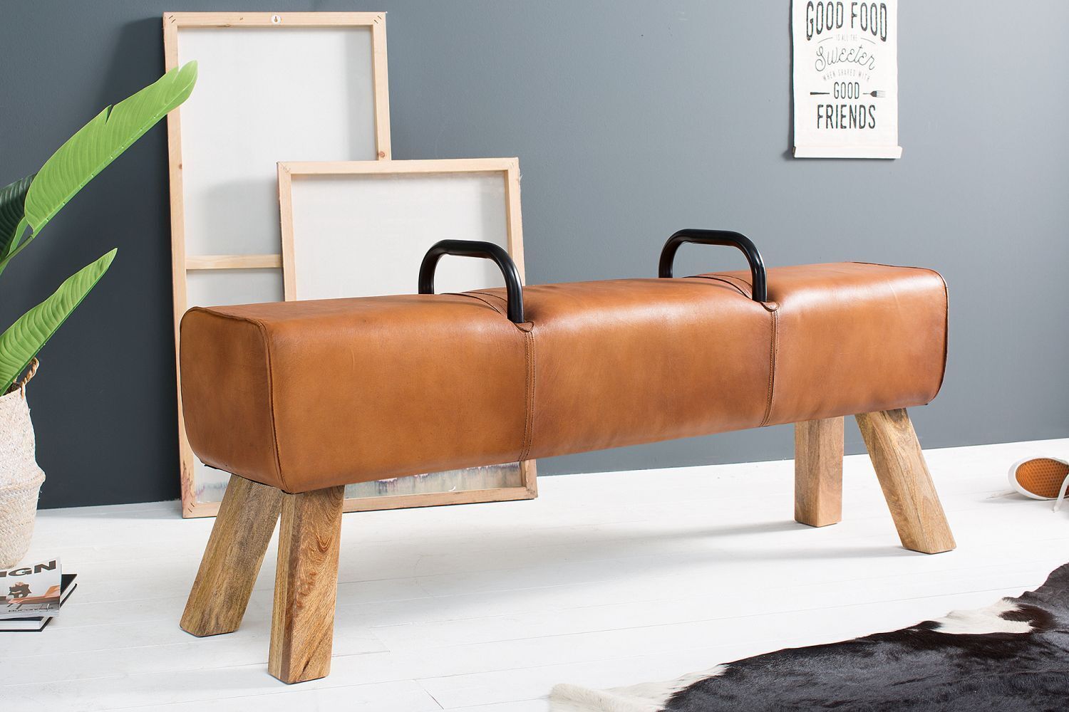 Sitzbank Echtleder Massivholz 120 cm in Braun Natur