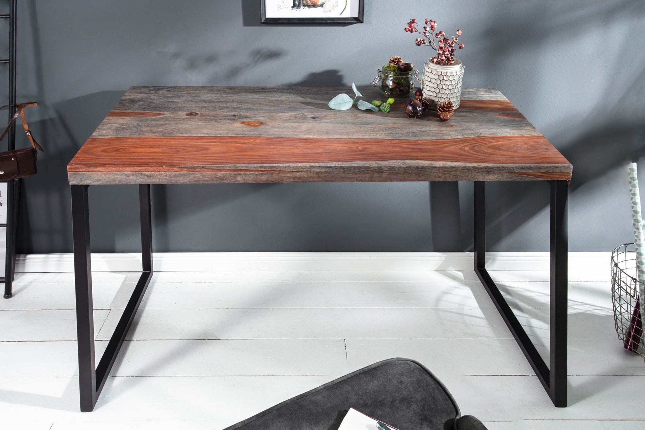 Schreibtisch Sheesham Holz Metall Rauch Finish Schwarz 118cm