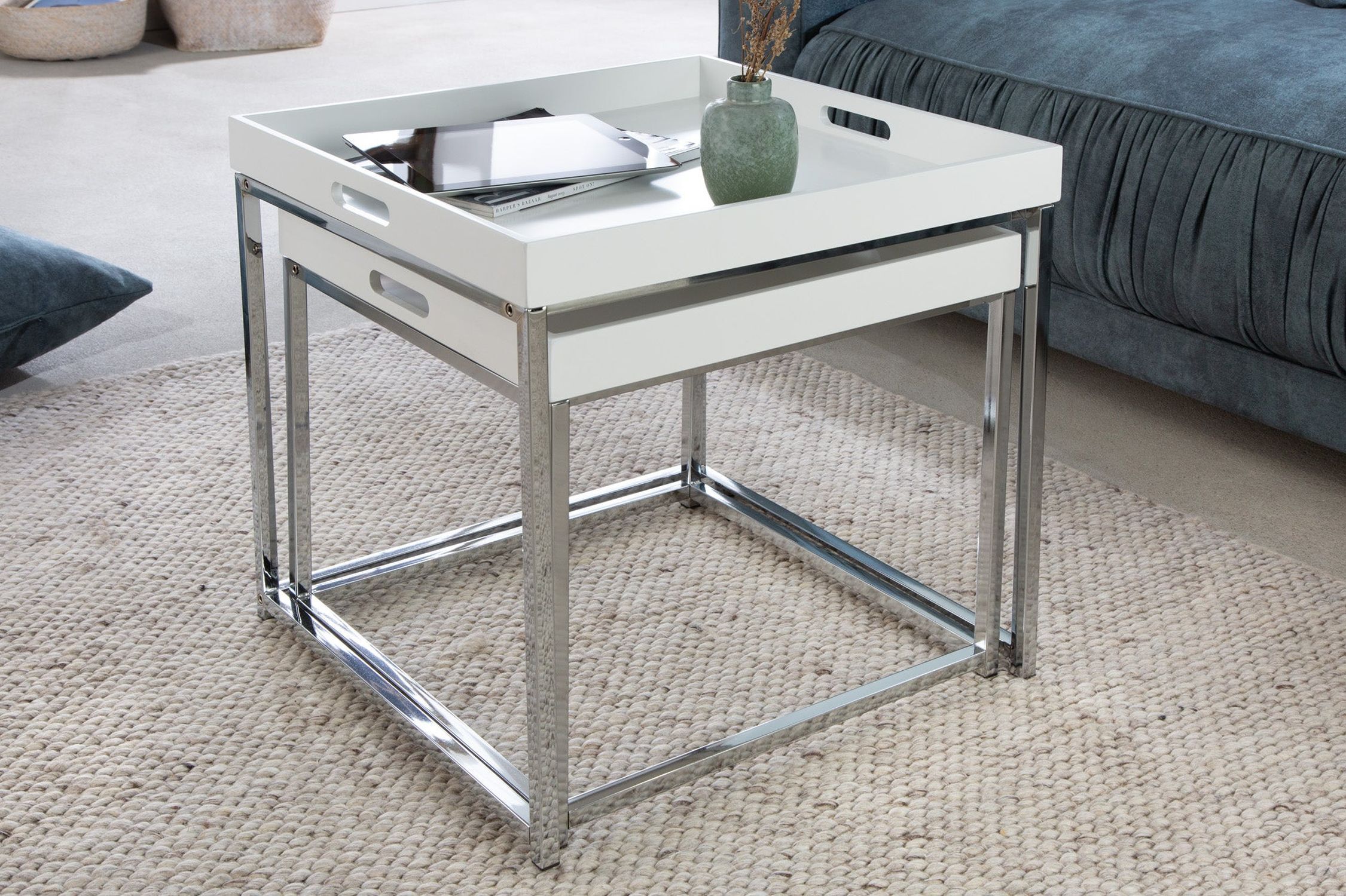 Beistelltisch 2er Set Metall in Weiß Chrom mit Tablett