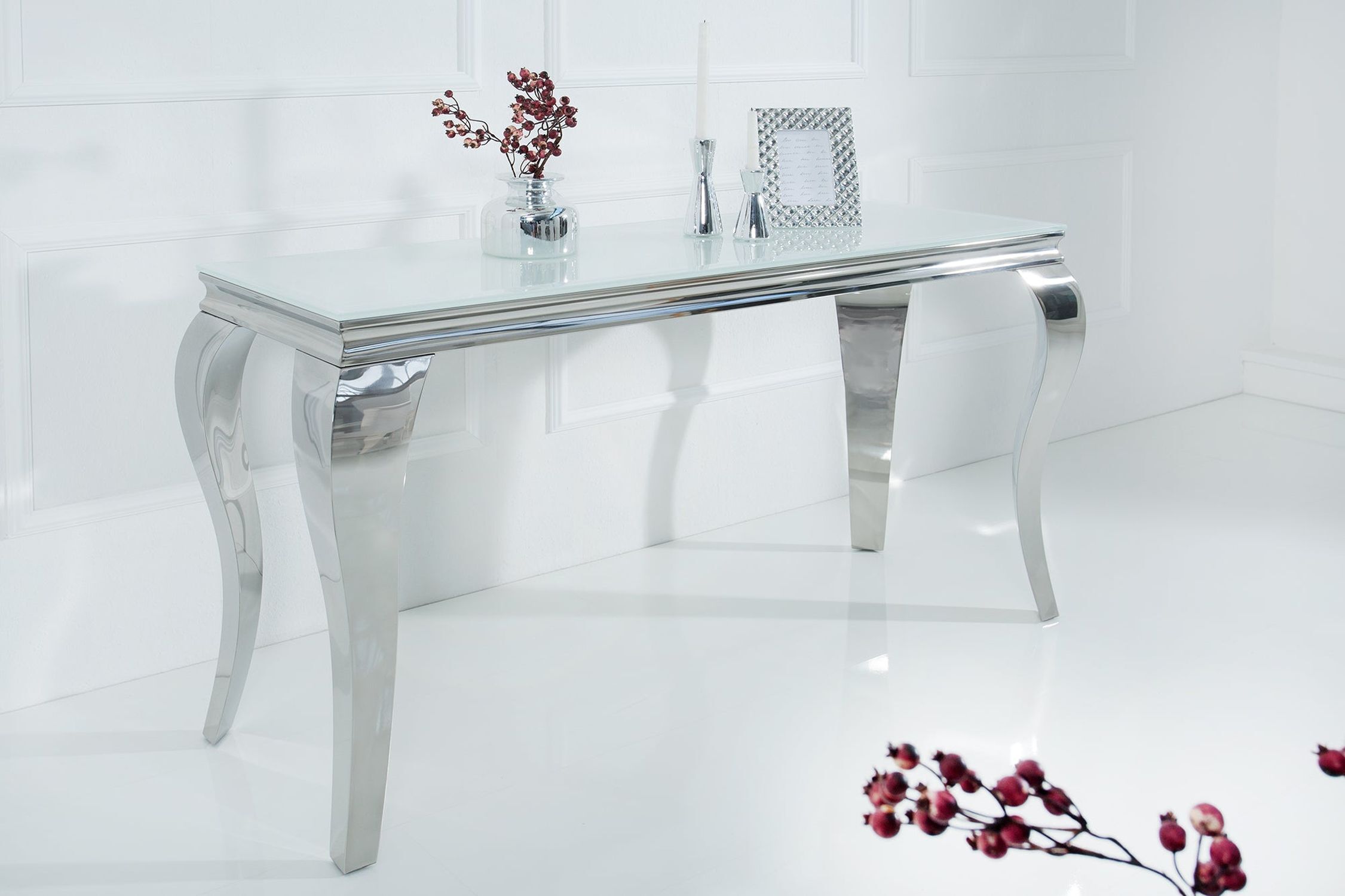 Konsolentisch Keramik Hartglas Metall in Weiß Silber 140cm