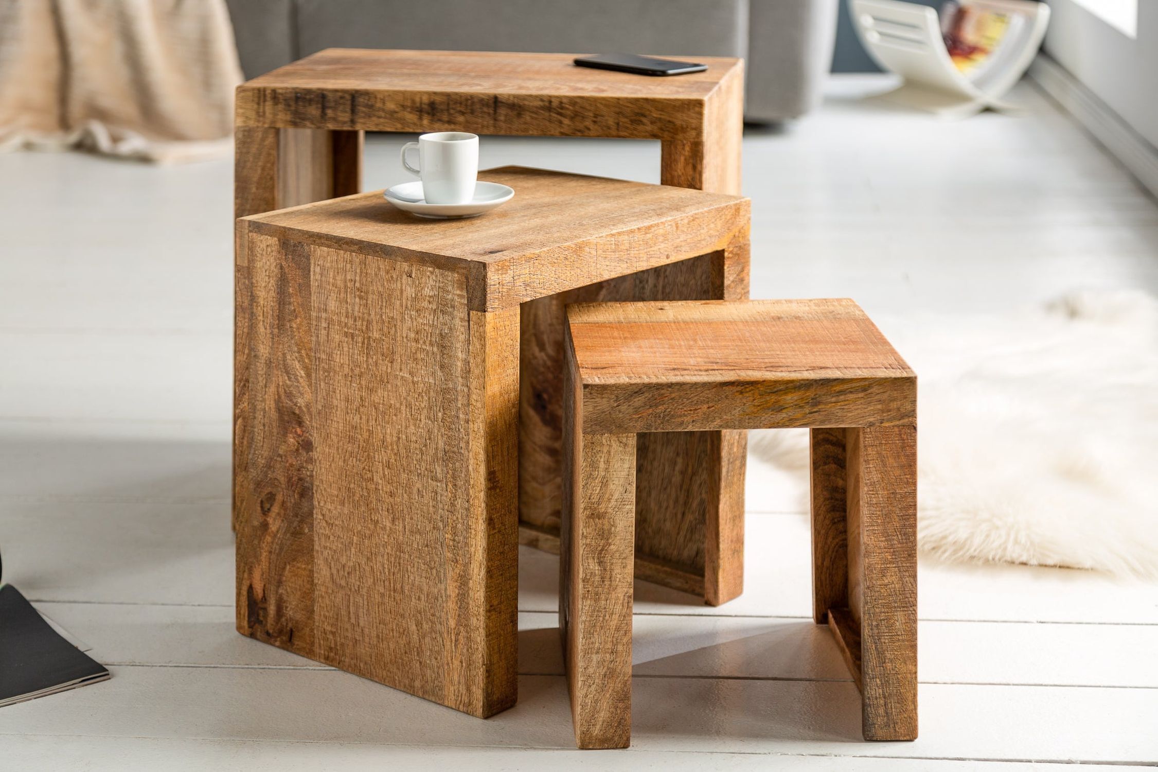 Beistelltisch Mango Holz in Natur Massivholz 3er Set