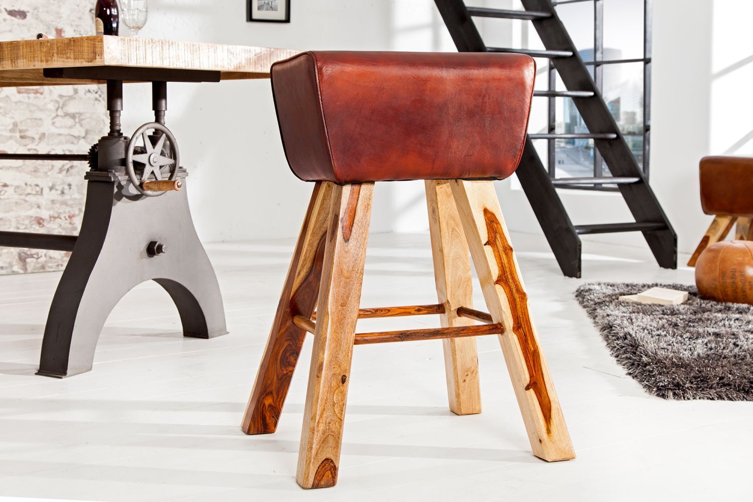 Barhocker Echtleder Massivholz 40 cm in Kaffeebraun Natur