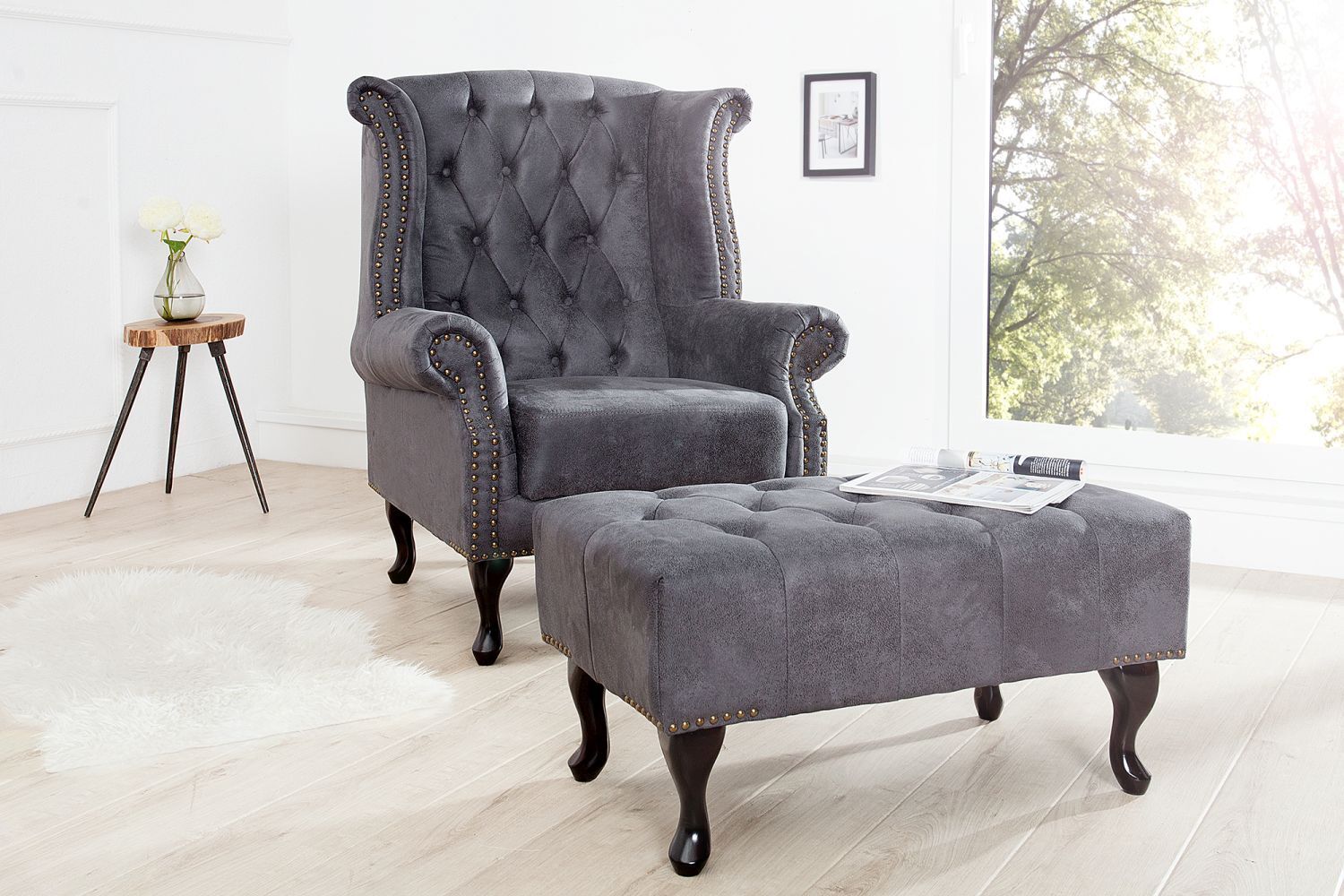 Hocker Microfaser Holz 80x45 cm in Antik Grau