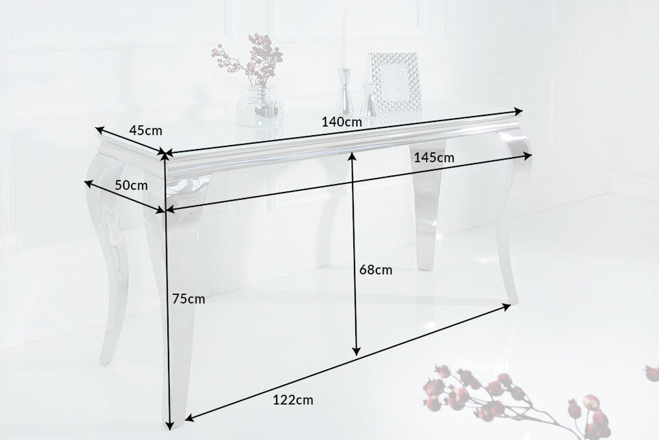Konsolentisch Keramik Hartglas Metall in Weiß Silber 140cm