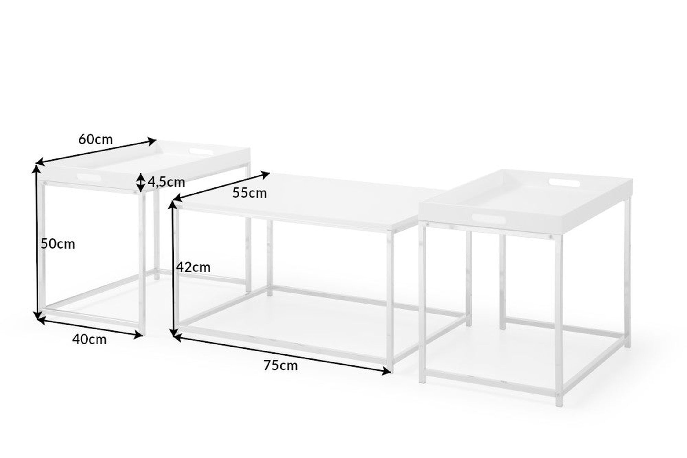 Couchtisch 2er Set MDF Metall in Weiß Chrom mit Tabletts