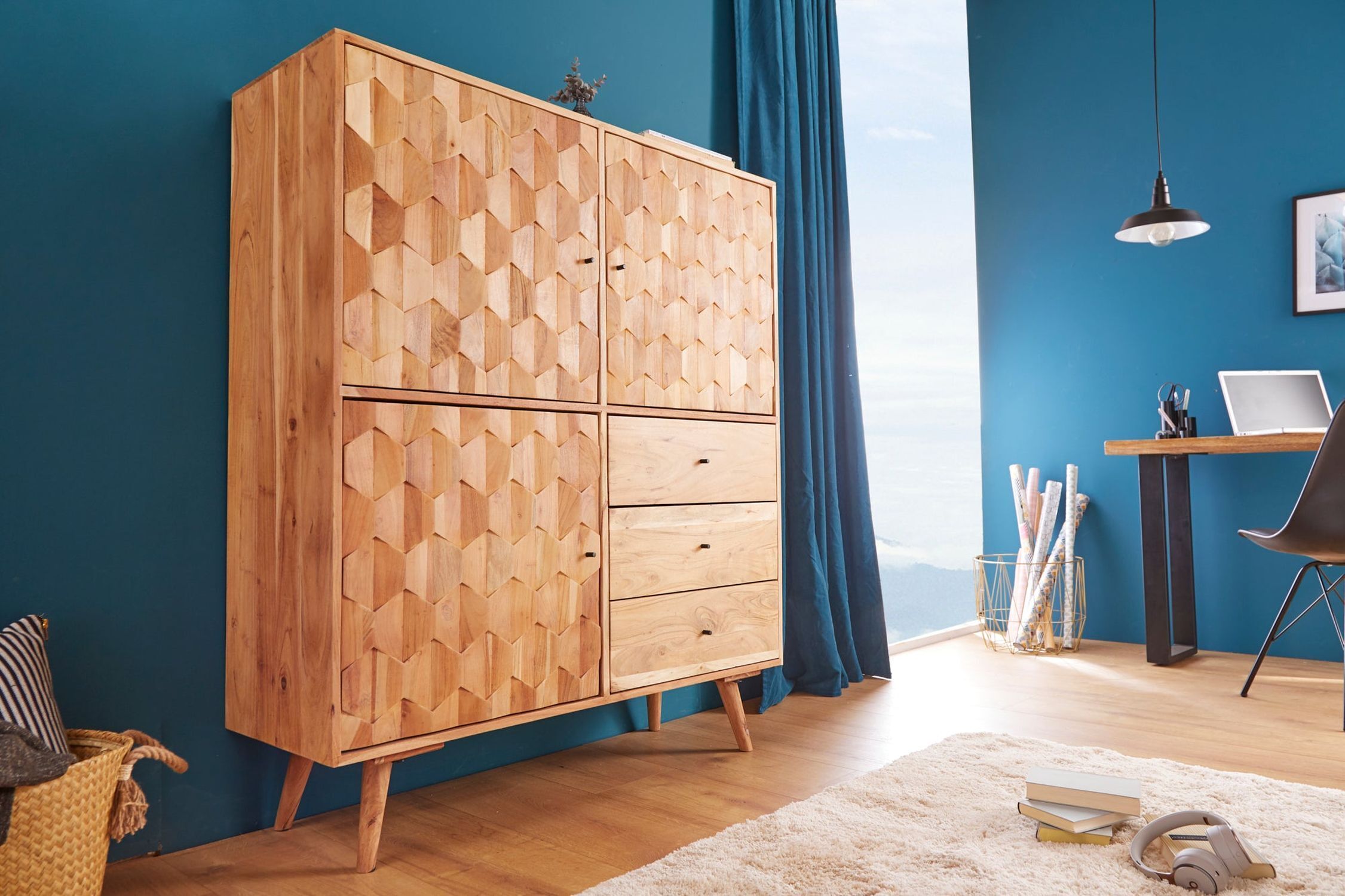 Highboard Holz Akazie 118 x 140 cm 3D-Front Schubladen Türen
