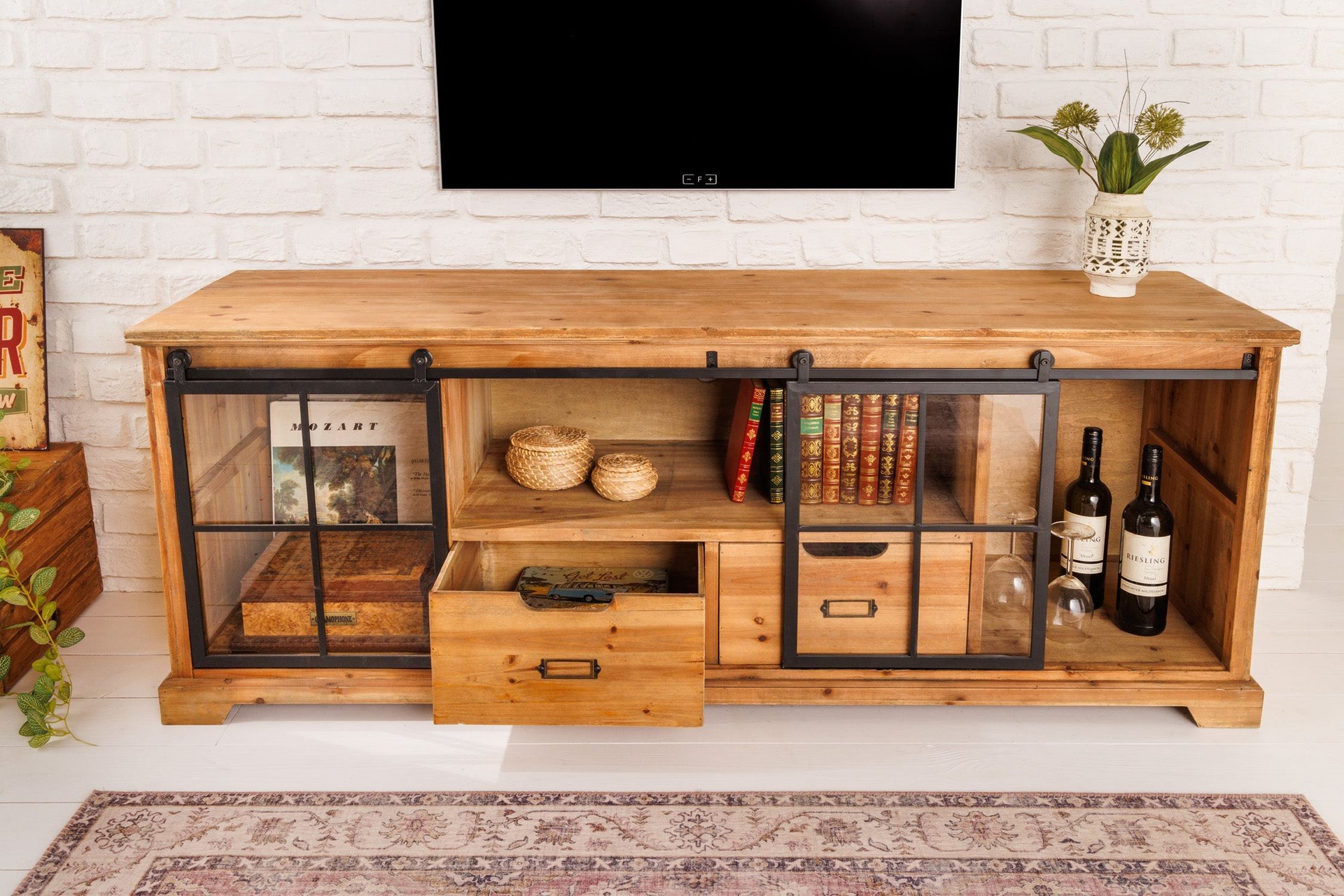 TV Lowboard Holz Glas Metall Rustikal 160 cm Schiebetüren