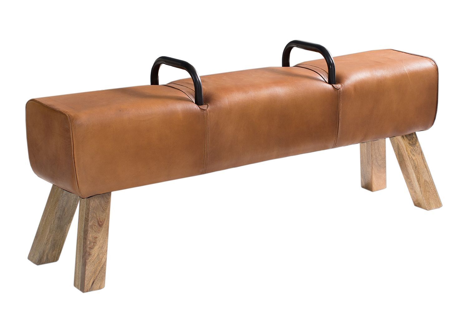 Sitzbank Echtleder Massivholz 120 cm in Braun Natur