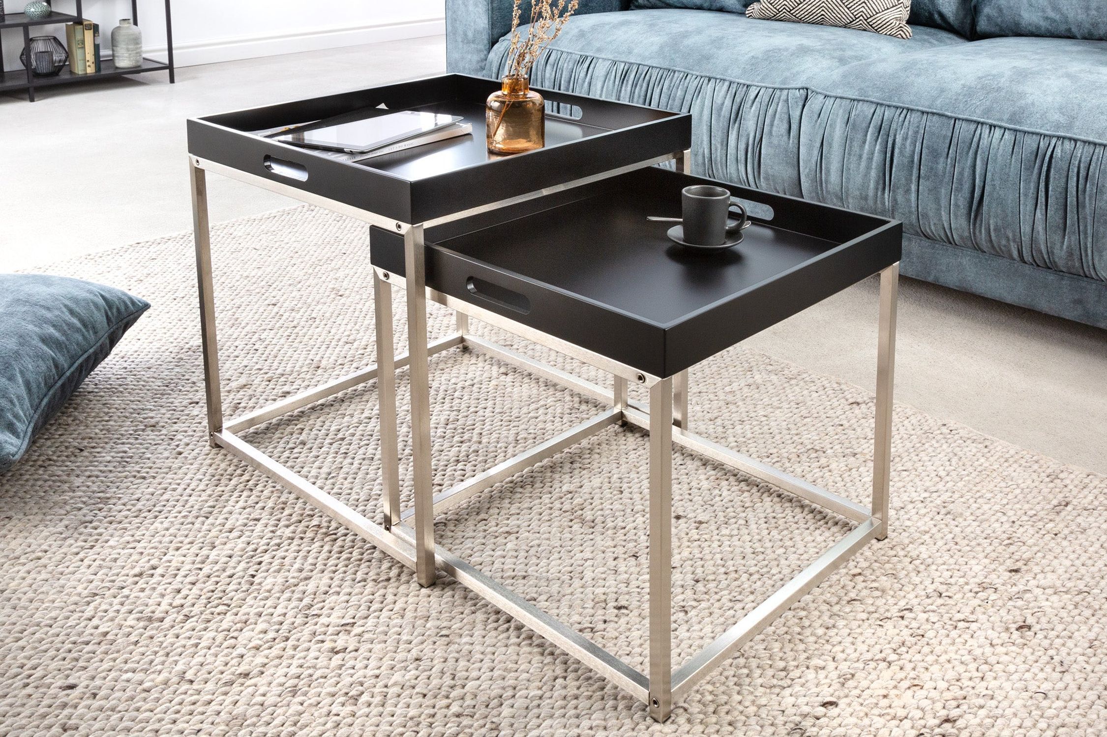 Beistelltisch 2er Set MDF Metall in Schwarz mit Tabletts