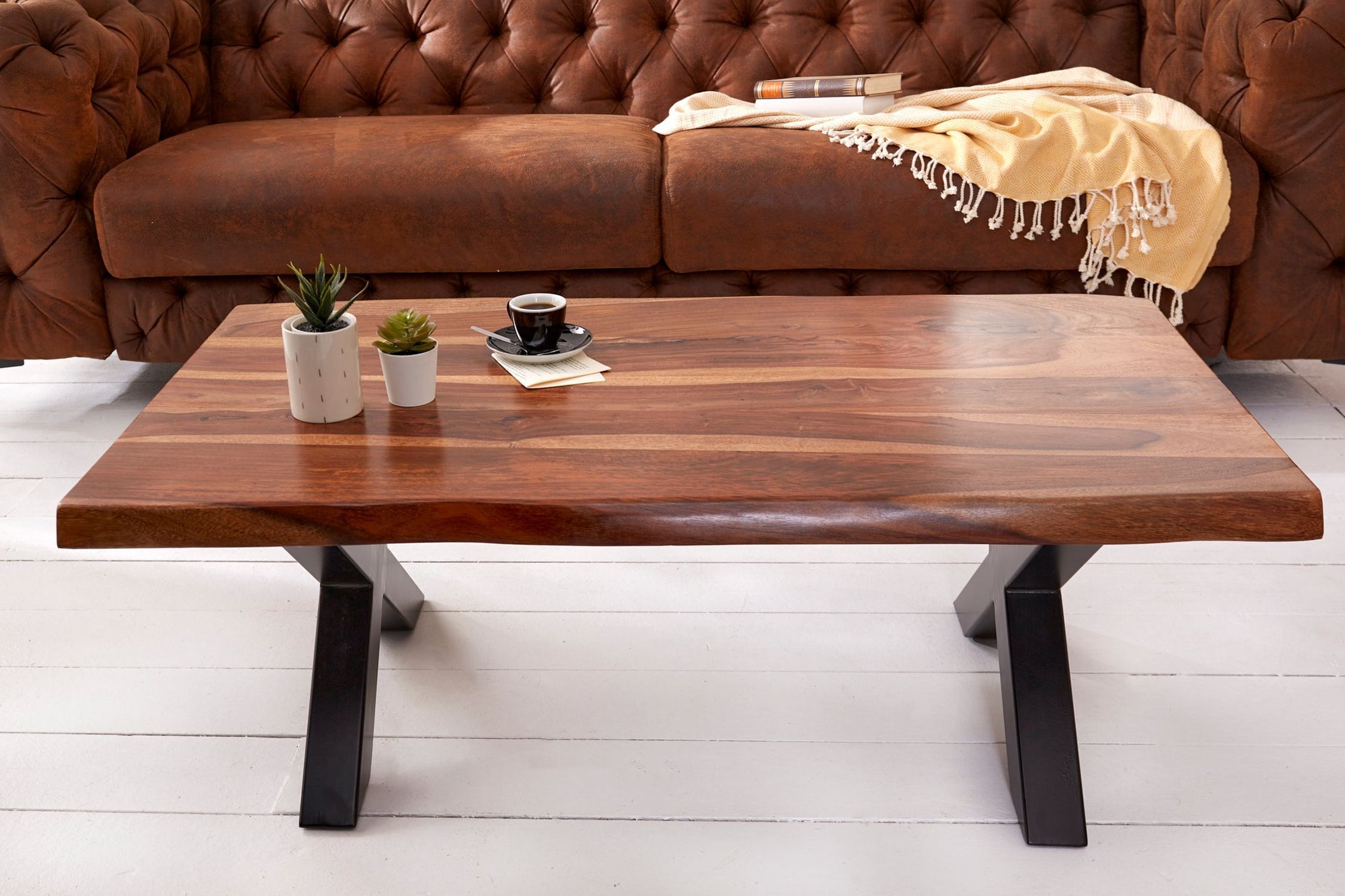 Couchtisch Sheesham Holz Metall Baumkante 110x60 cm
