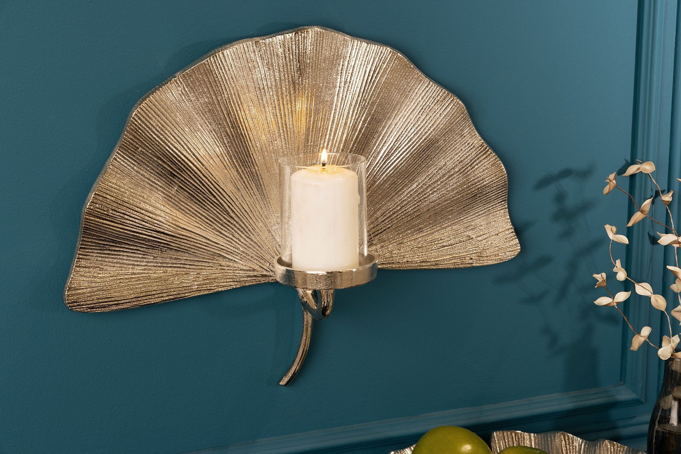 Kerzenhalter Wand in Silber B: 43 cm Metall Glas Handarbeit