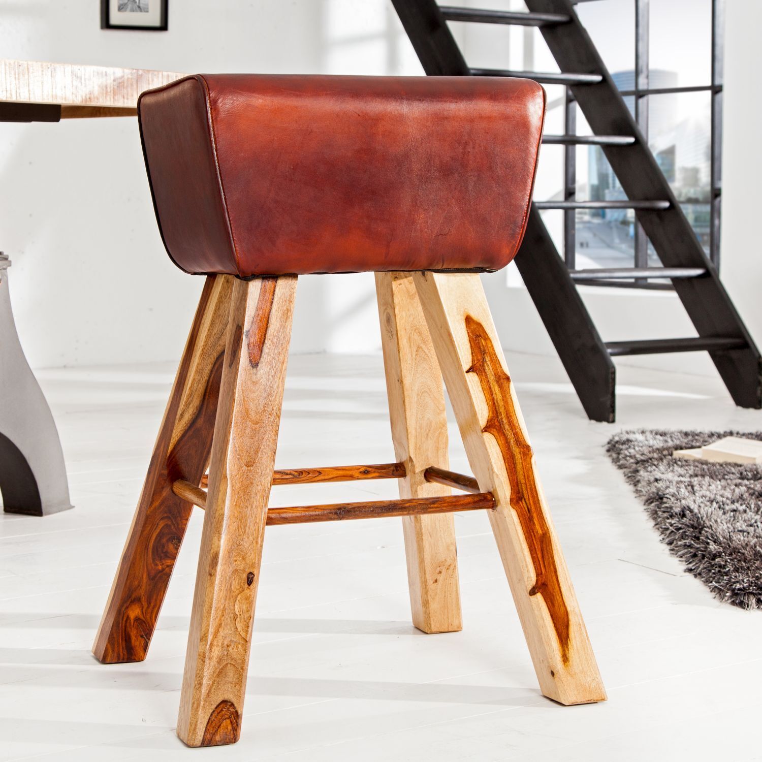 Barhocker Echtleder Massivholz 40 cm in Kaffeebraun Natur