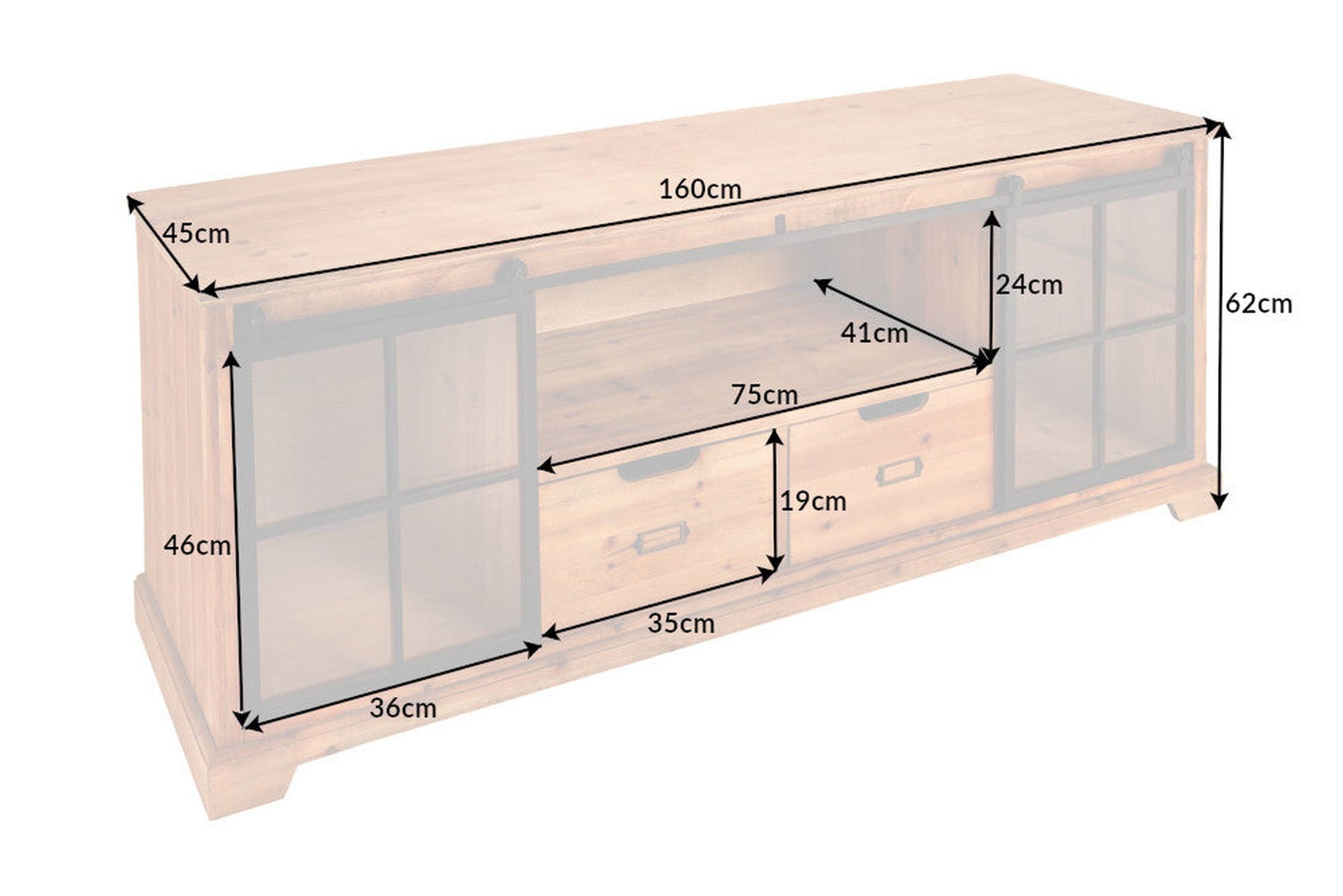 TV Lowboard Holz Glas Metall Rustikal 160 cm Schiebetüren