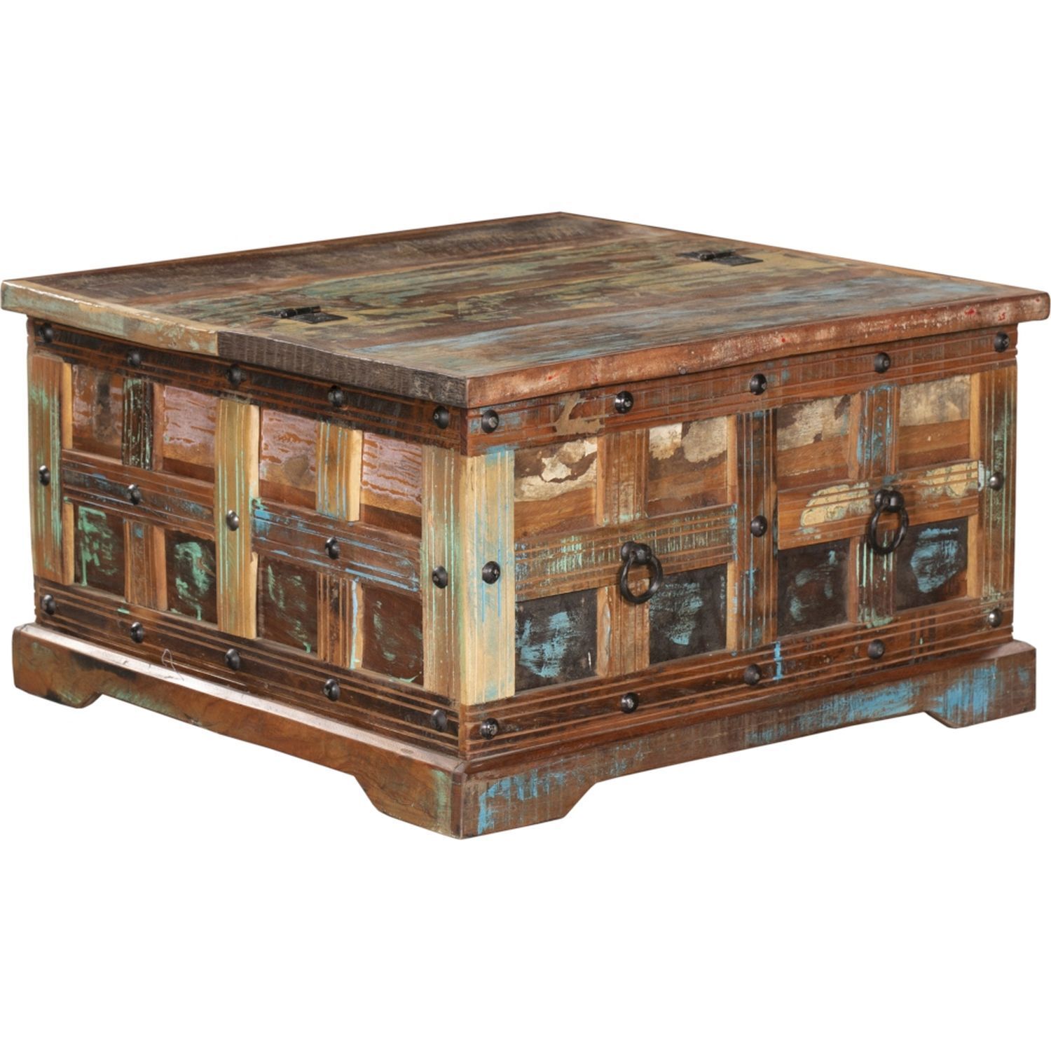 Truhentisch Holz Bunt B: 70,5 cm quadratisch mit Schubladen