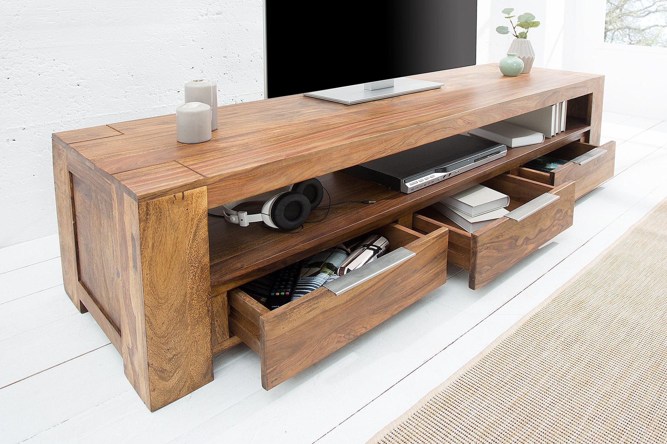 TV Lowboard Holz Sheesham 170 cm breit Schubladen großes Fach
