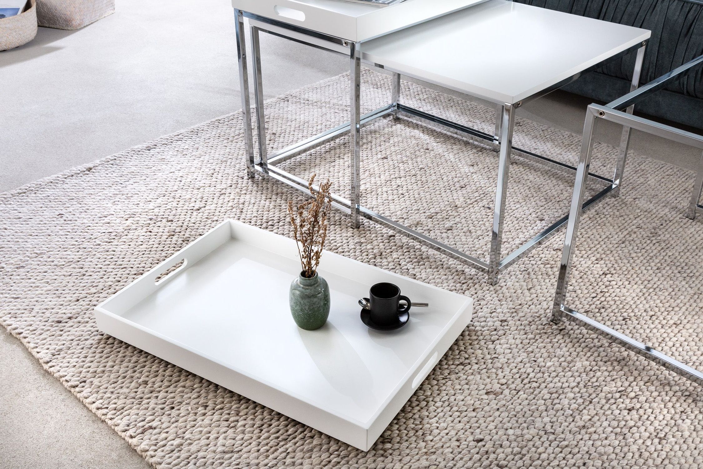 Couchtisch 2er Set MDF Metall in Weiß Chrom mit Tabletts