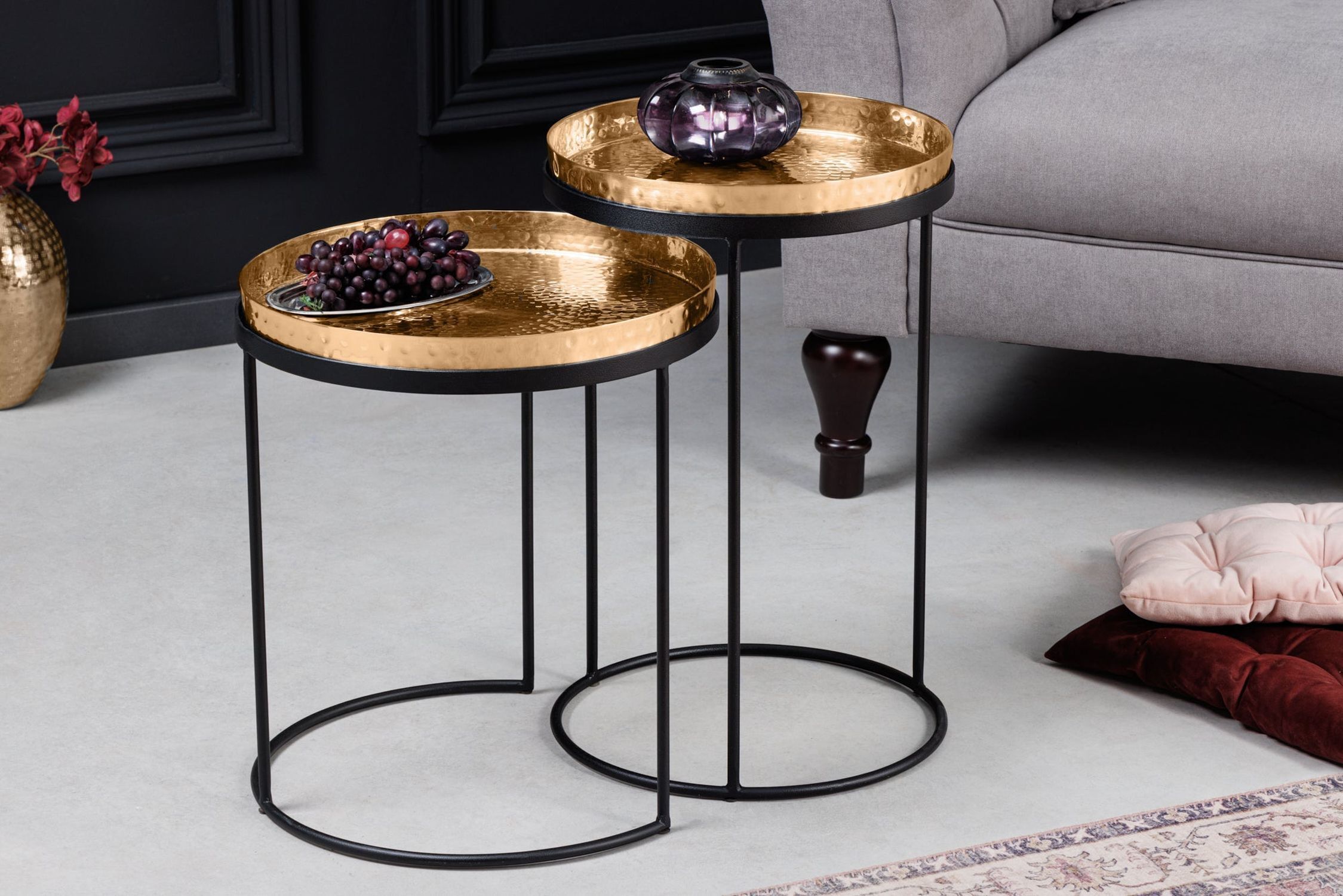 Beistelltisch 2er Set in Gold Schwarz mit Tablett Handarbeit