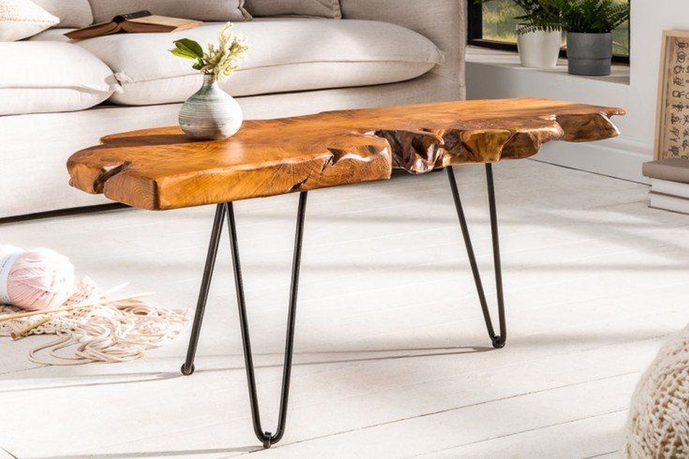Couchtisch Baumscheibe Akazienholz Metall Handarbeit 100x40 cm