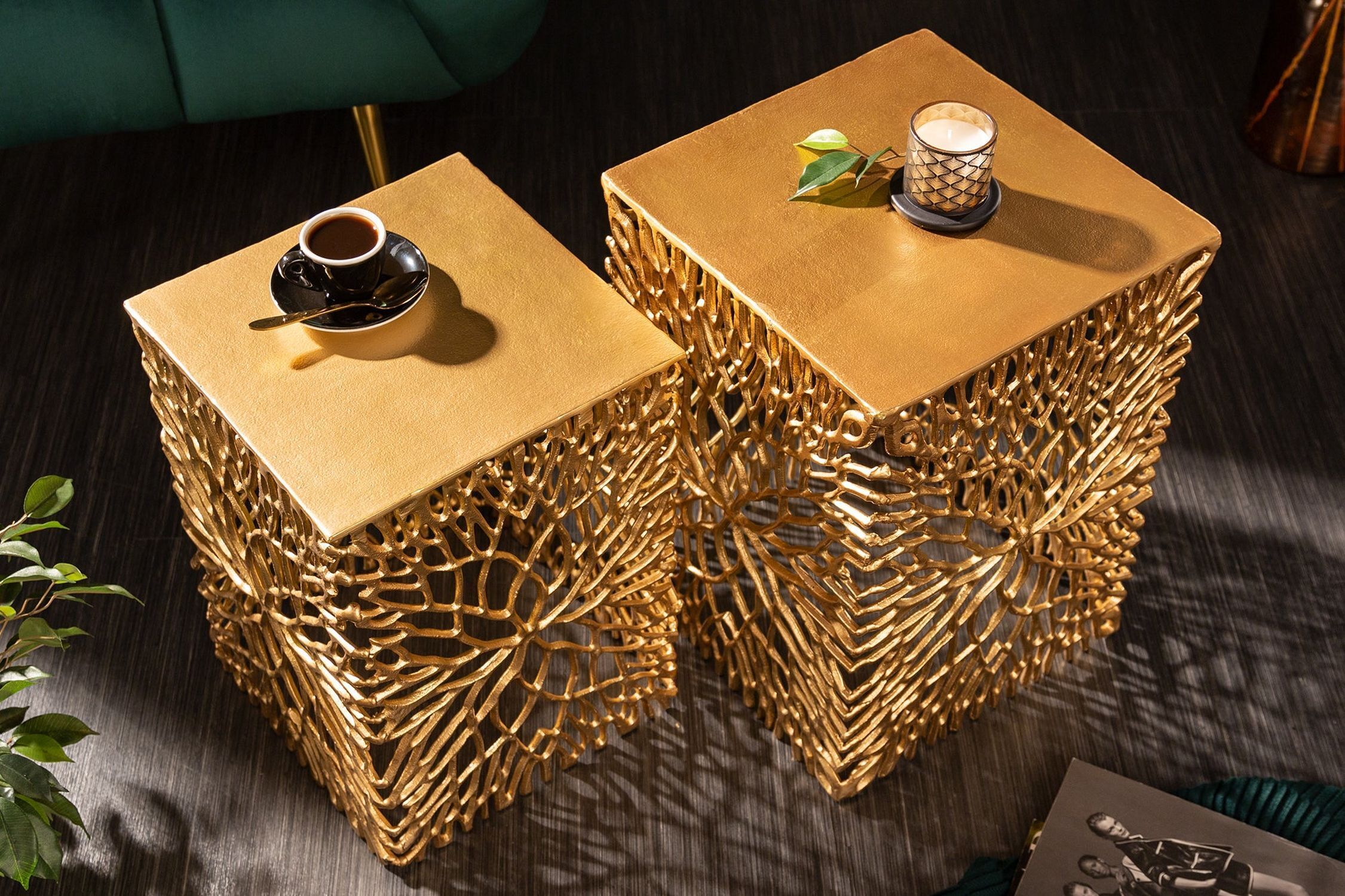 Beistelltisch 2er Set Metall in Gold Handarbeit