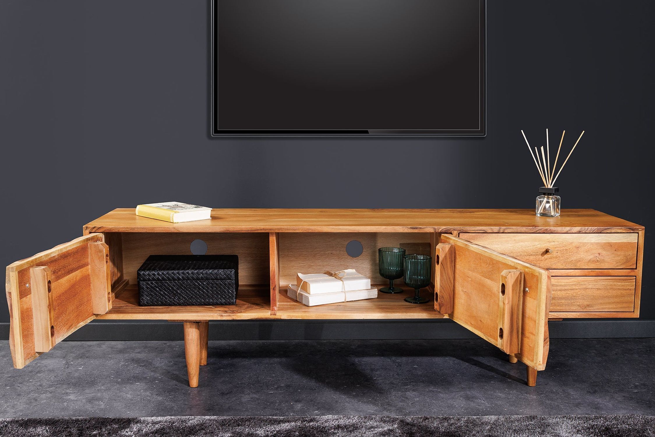Fernsehschrank Holz 145 cm Handarbeit 2 Schubladen Türen