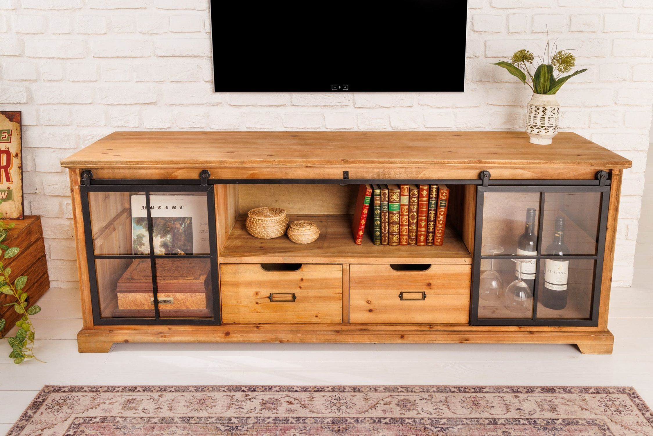 TV Lowboard Holz Glas Metall Rustikal 160 cm Schiebetüren