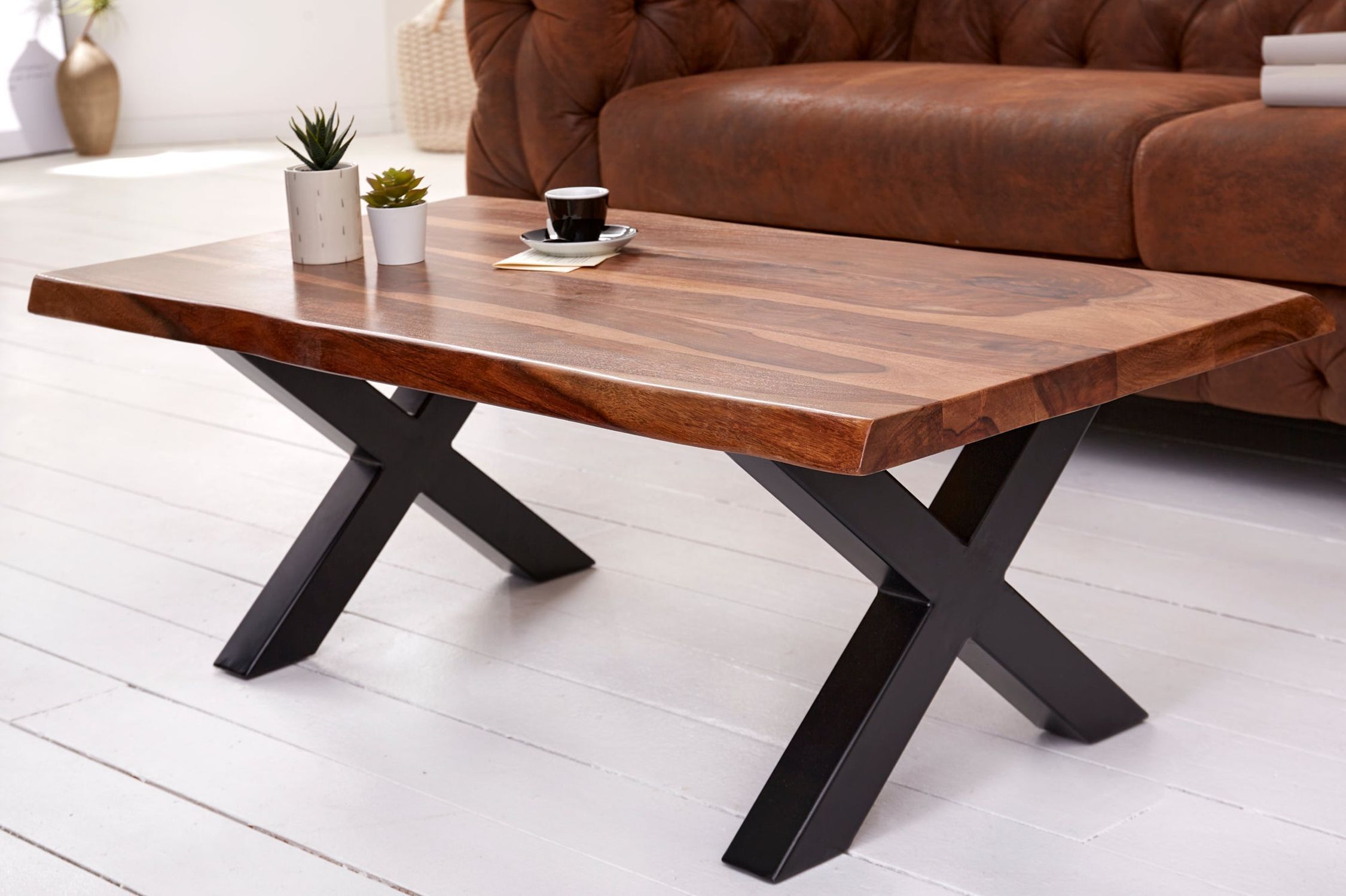 Couchtisch Sheesham Holz Metall Baumkante 110x60 cm