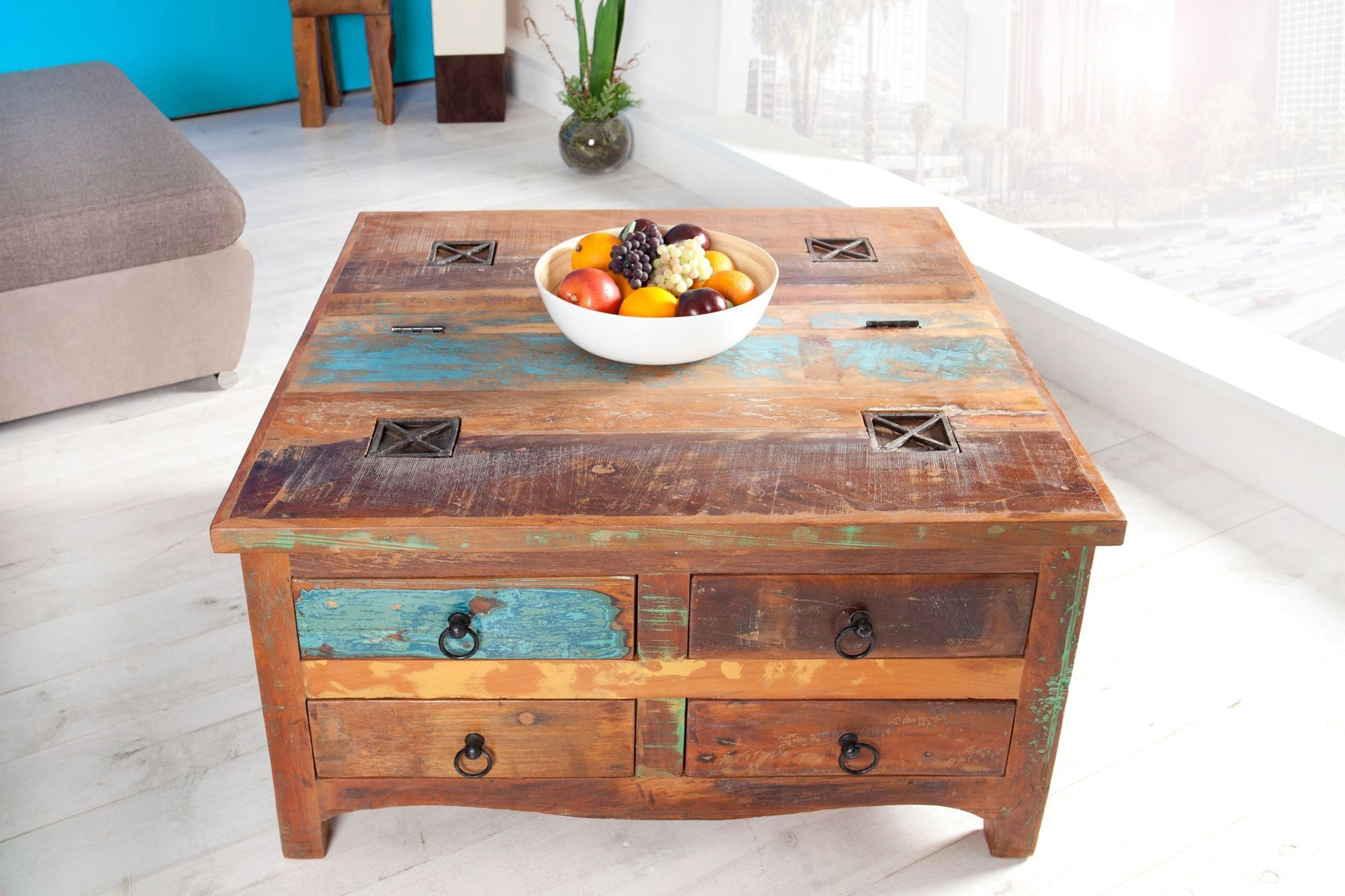 Couchtisch mit Schublade recyceltem Holz Bunt Braun 70x70 cm