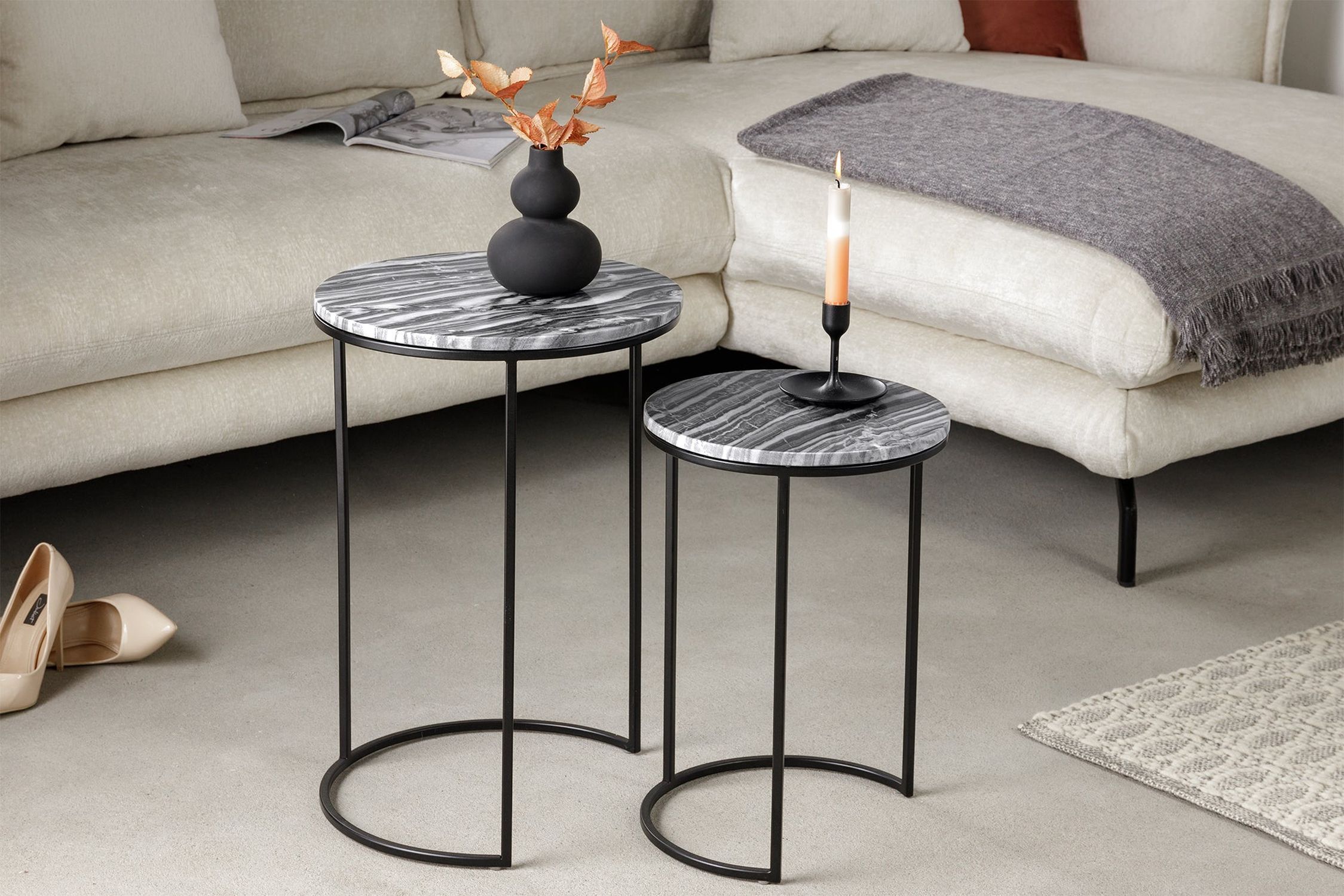 Beistelltisch 2er Set Marmor Metall in Grau Schwarz