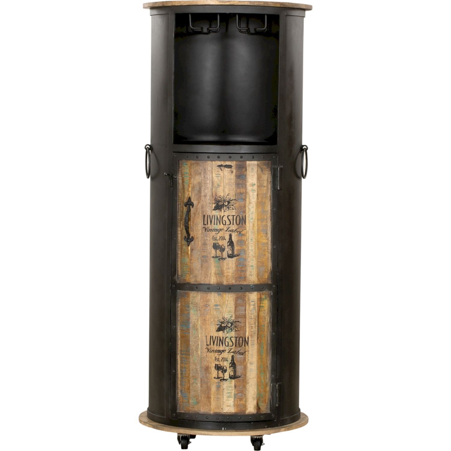 Weinschrank mit Rollen H: 155 cm Stahl Mangoholz Hausbar