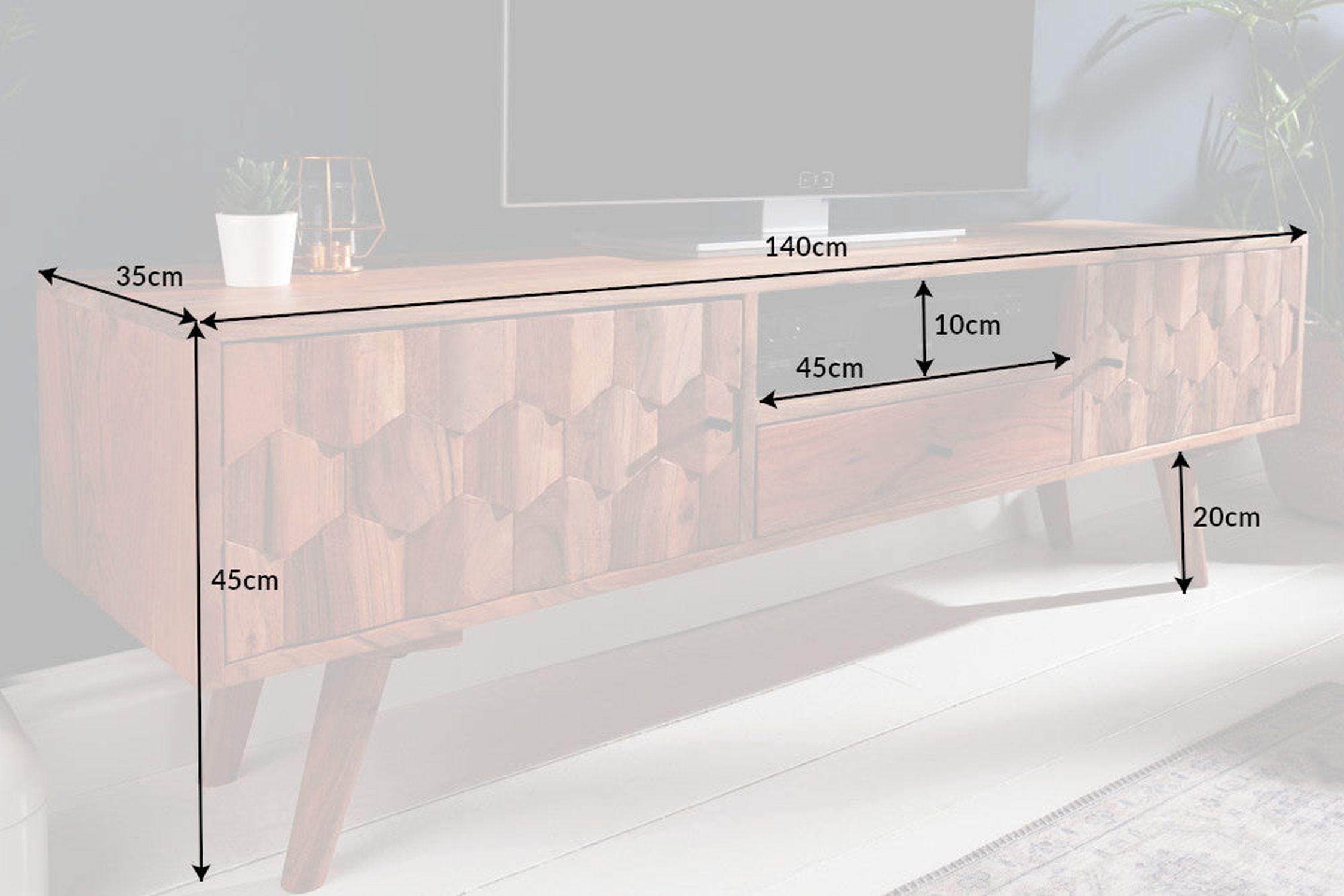 TV Lowboard Akazienholz 140 cm breit 3D-Fronten massiv