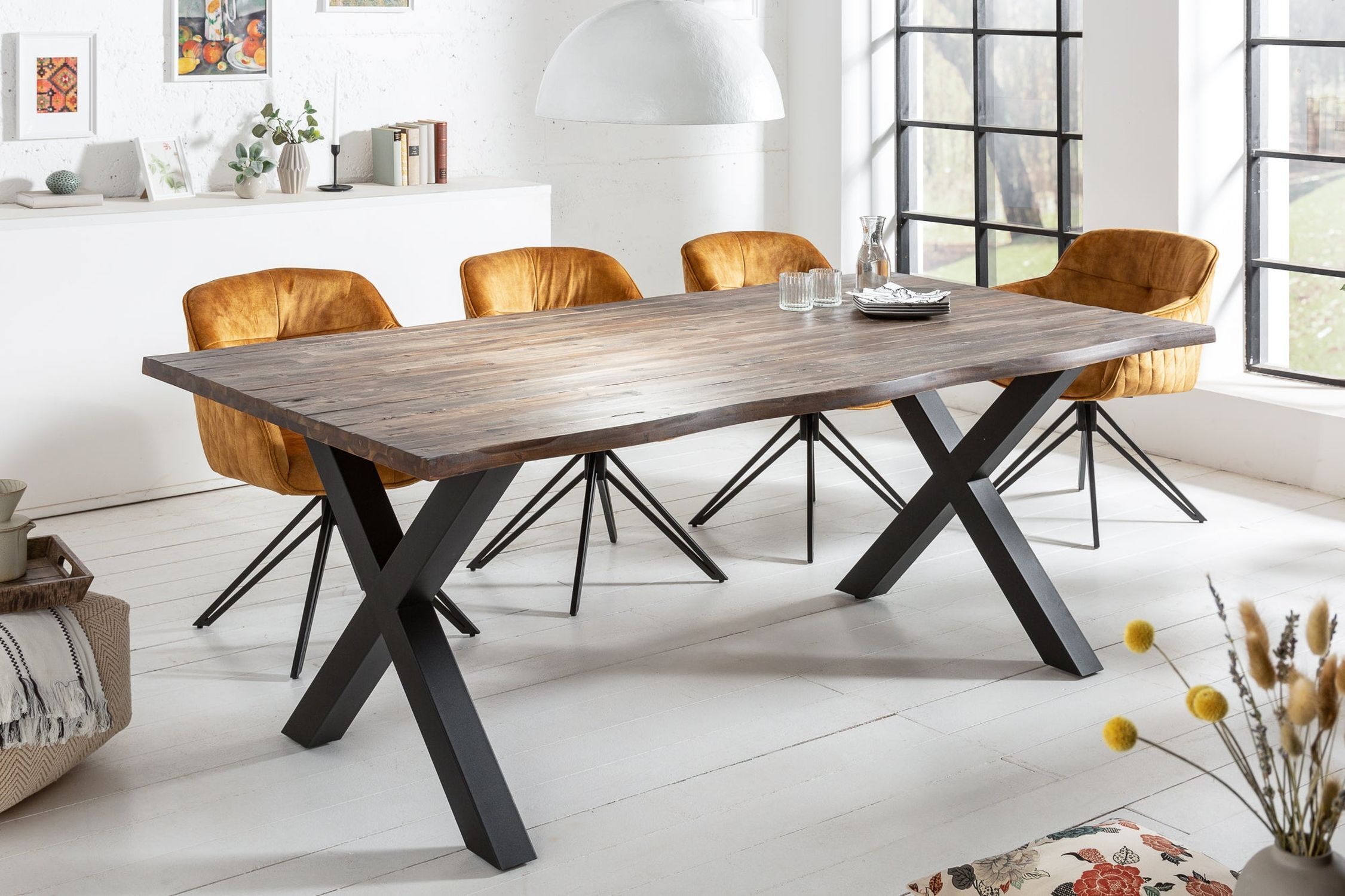Esstisch Baumkante Akazienholz Metall Braun Schwarz 160x90cm