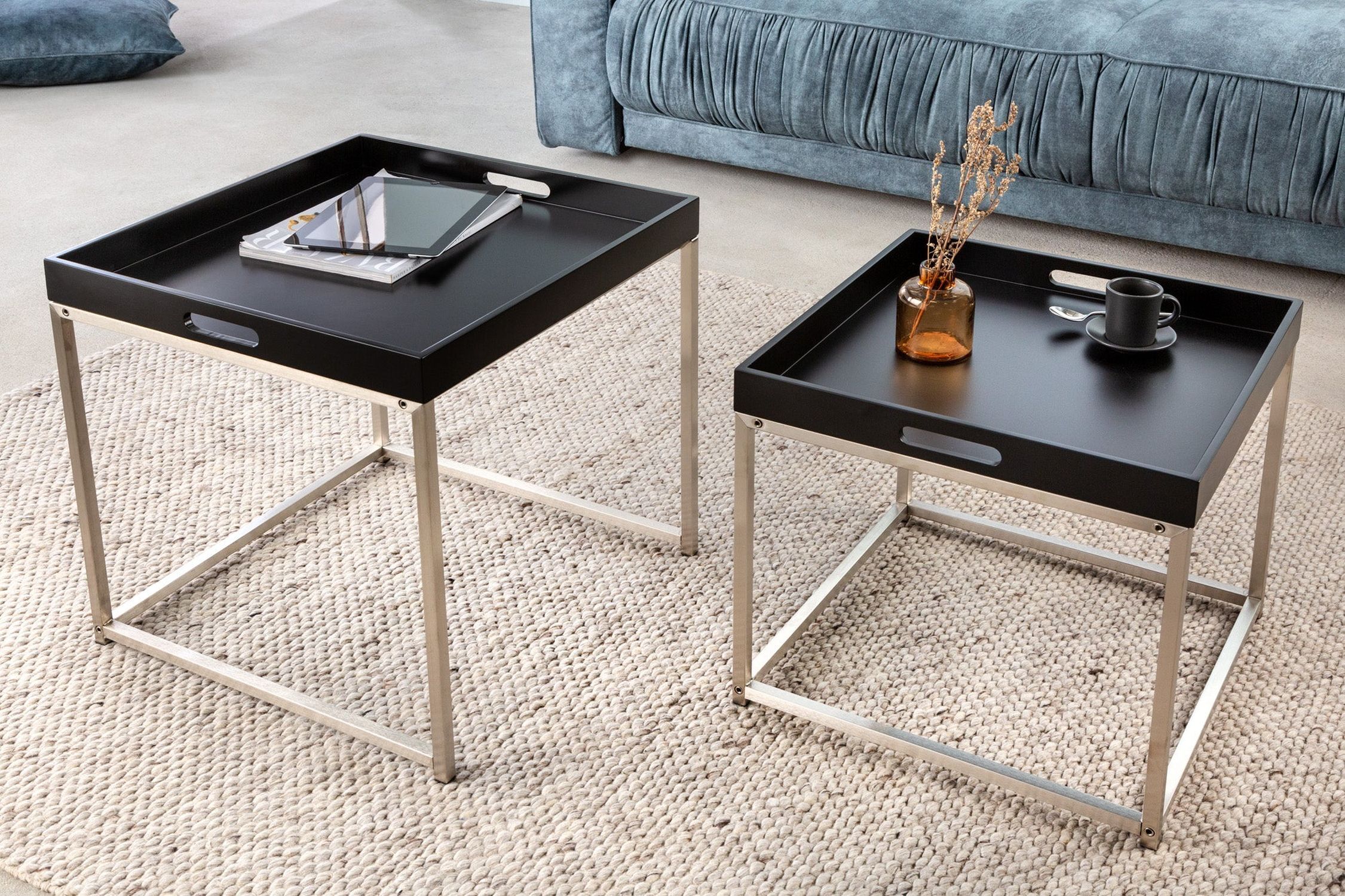 Beistelltisch 2er Set MDF Metall in Schwarz mit Tabletts