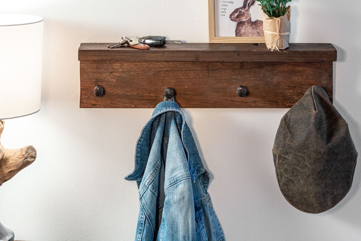 Wandgarderobe recyceltes Teakholz Metall 30 cm in Natur