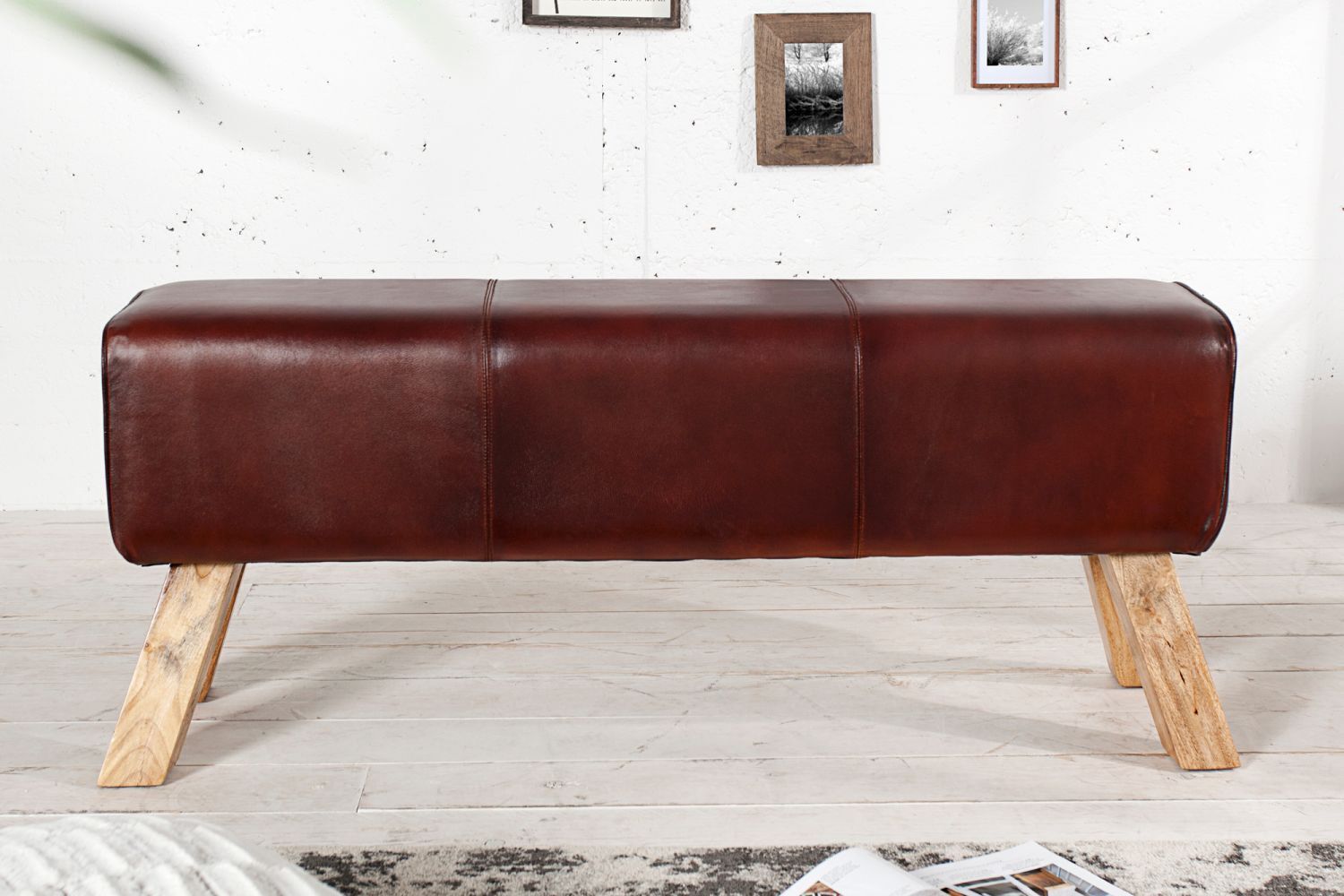 Sitzbank Echtleder Massivholz 100 cm in Kaffeebraun Natur