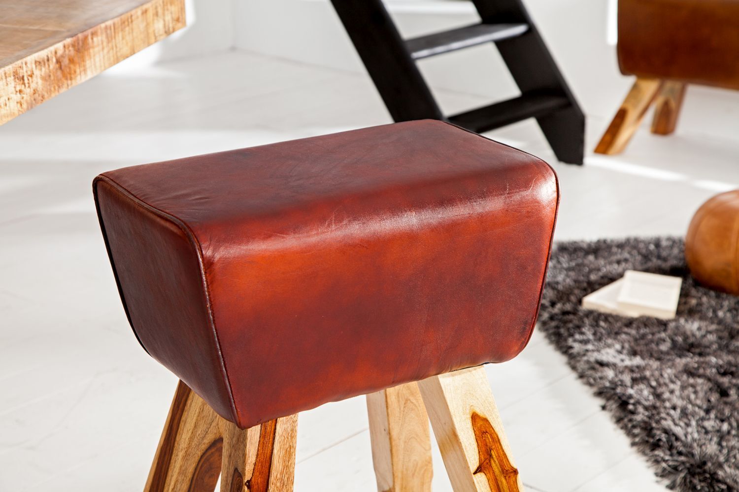 Barhocker Echtleder Massivholz 40 cm in Kaffeebraun Natur