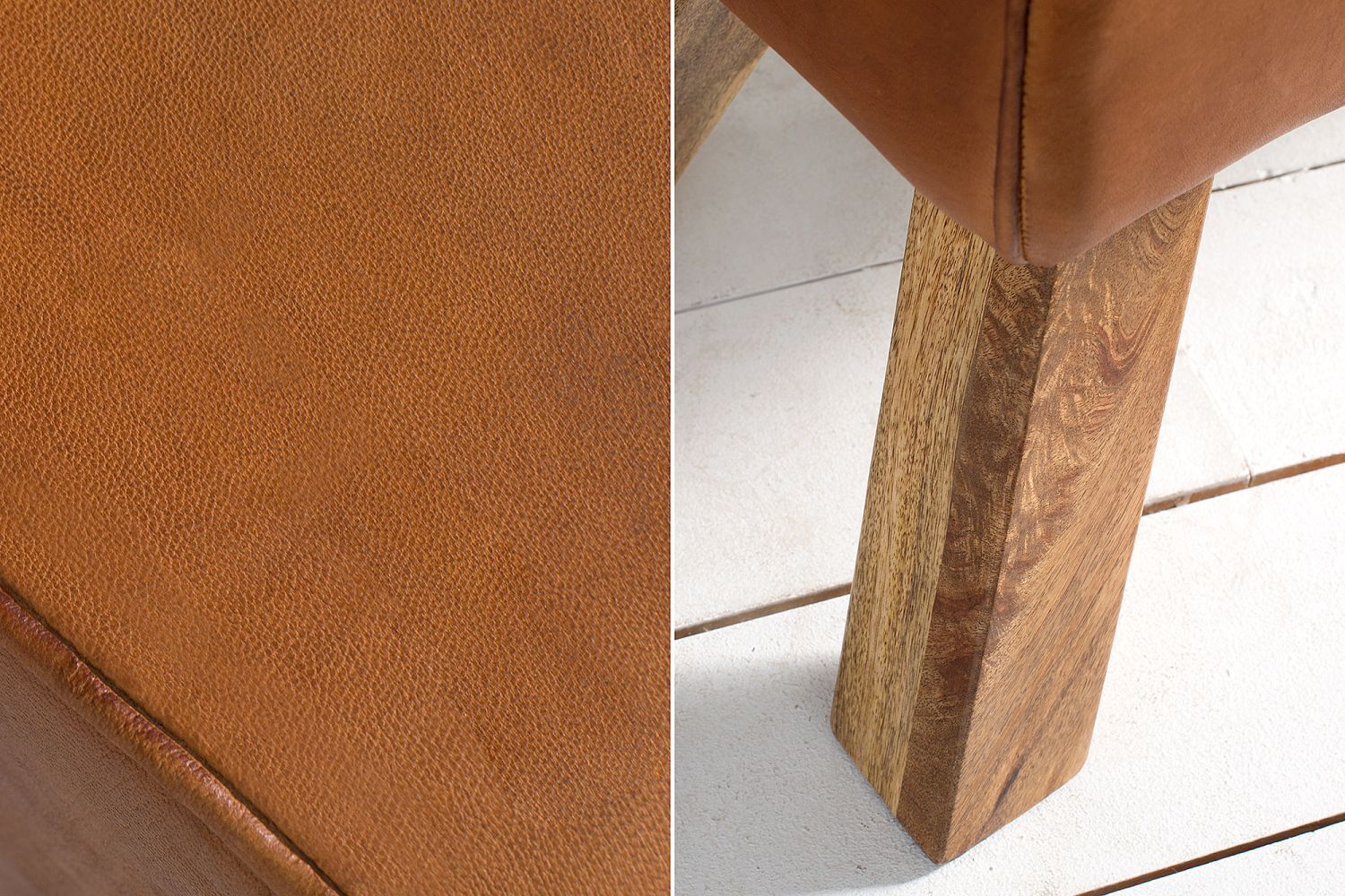 Sitzbank Echtleder Massivholz 120 cm in Braun Natur