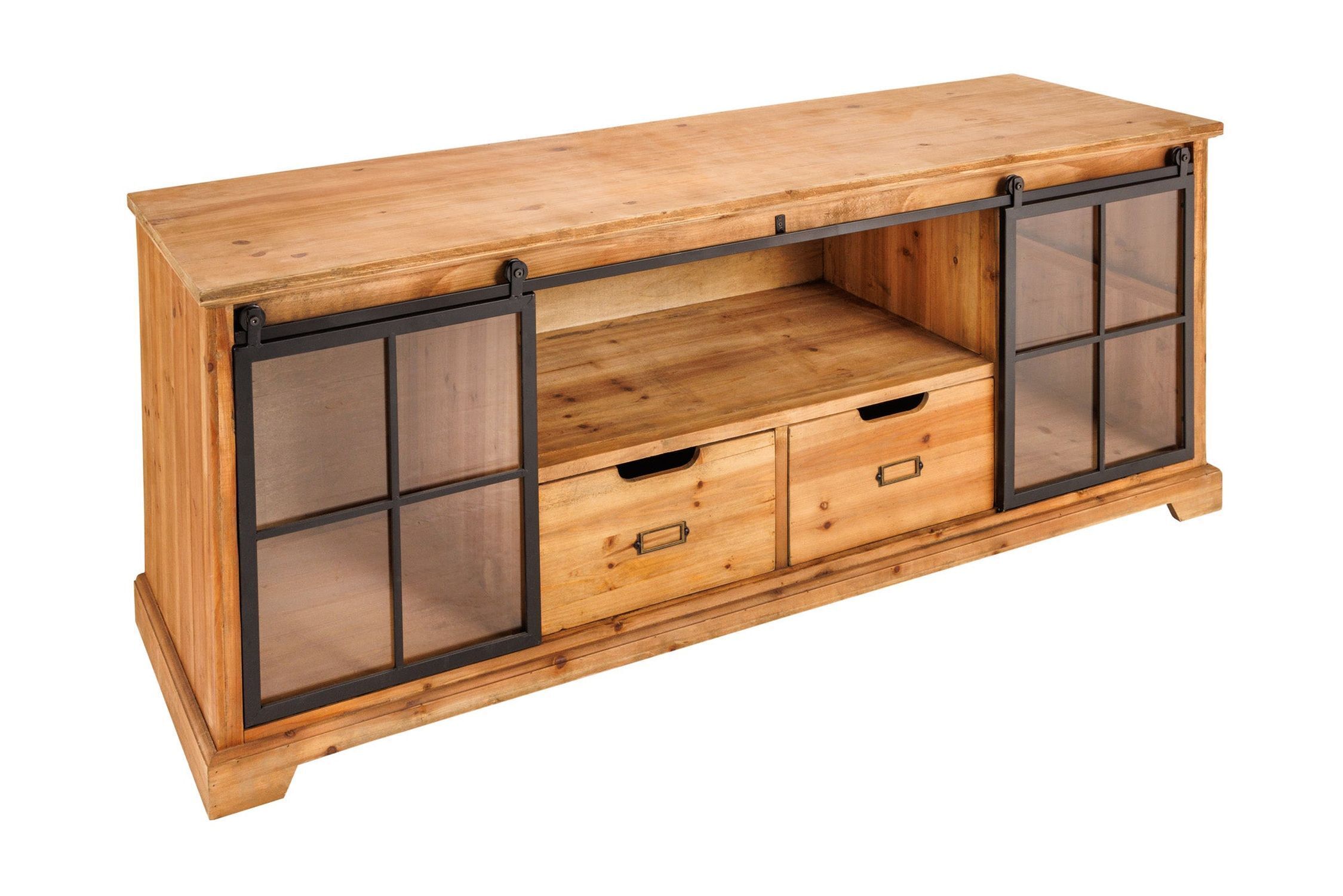 TV Lowboard Holz Glas Metall Rustikal 160 cm Schiebetüren