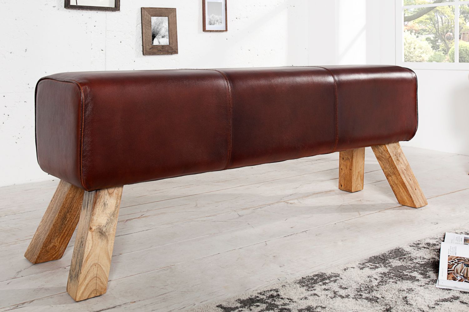 Sitzbank Echtleder Massivholz 100 cm in Kaffeebraun Natur