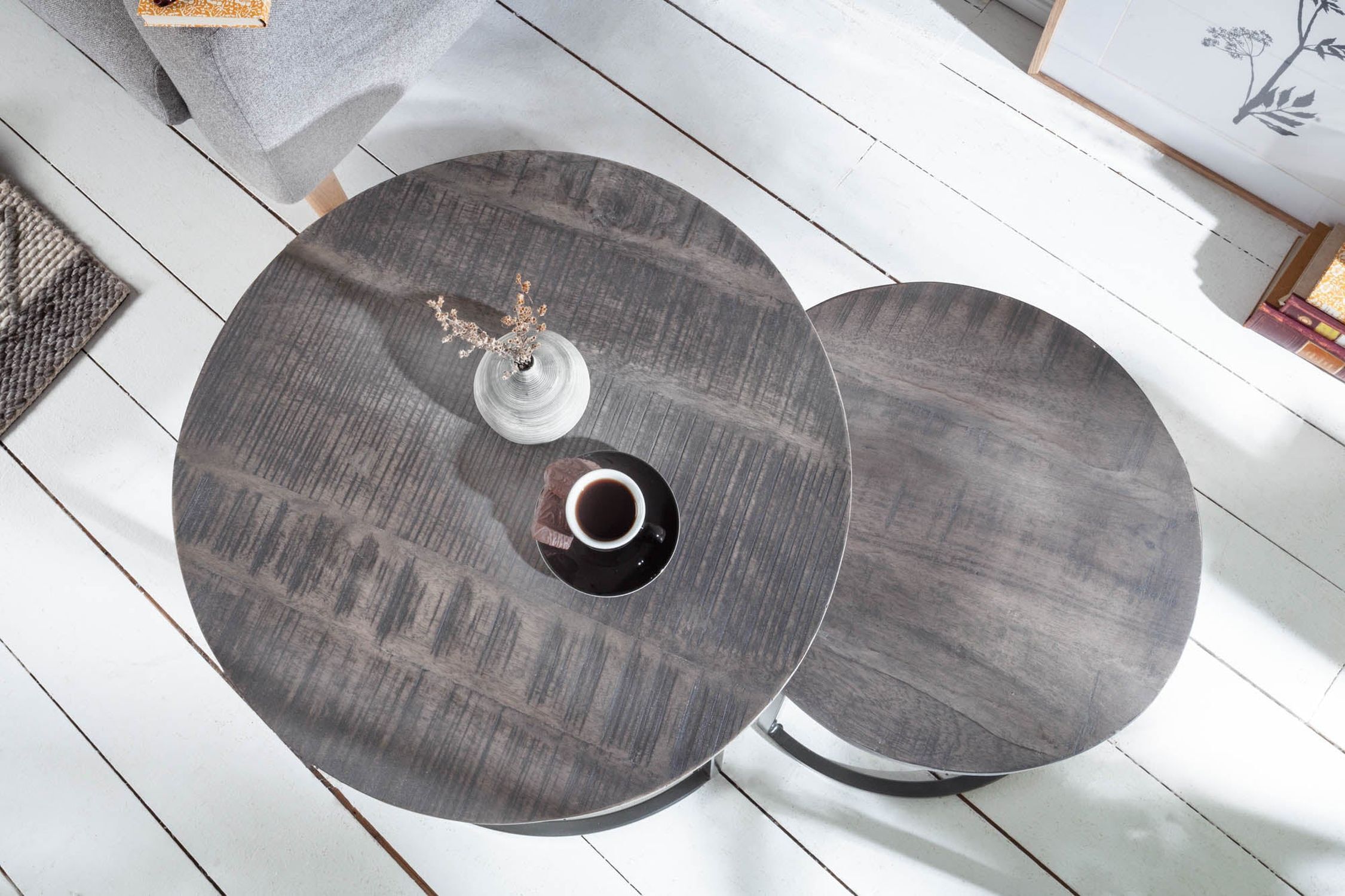 Beistelltisch 2er Set Mango Holz Metall in Grau Schwarz