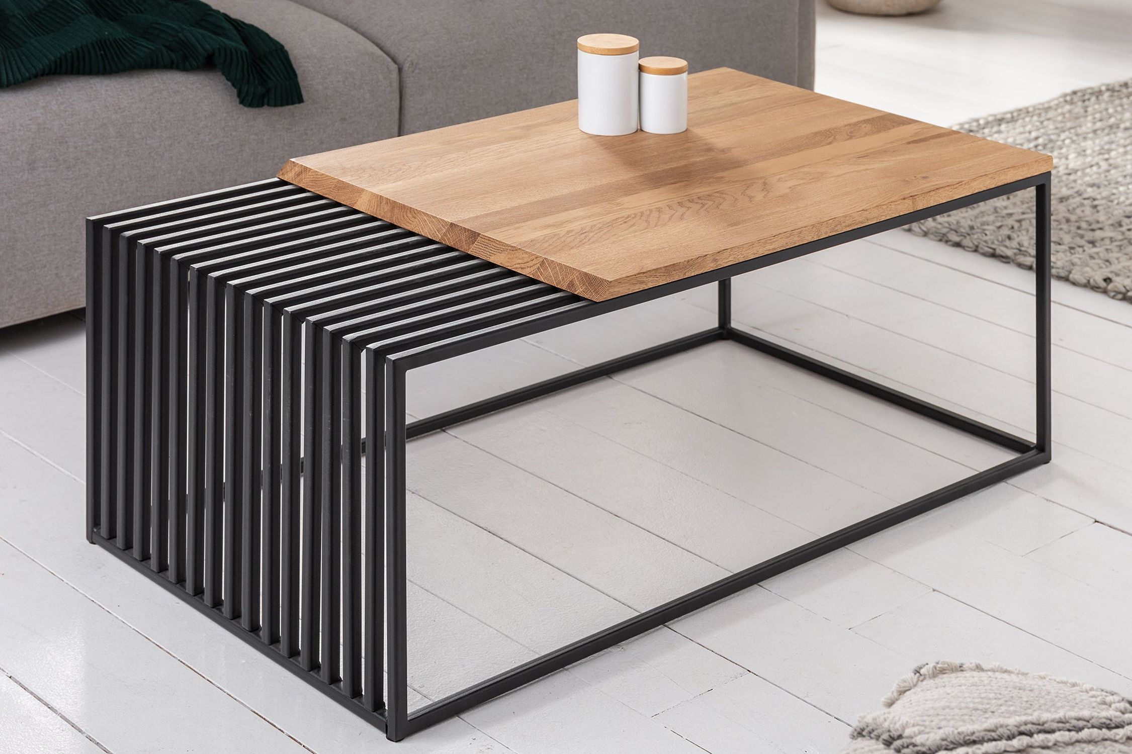 Couchtisch Holz (Eiche) Metall in Schwarz Natur 100x55 cm