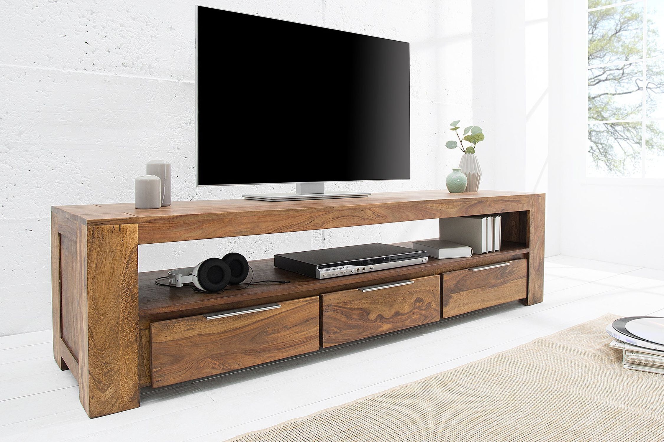 TV Lowboard Holz Sheesham 170 cm breit Schubladen großes Fach