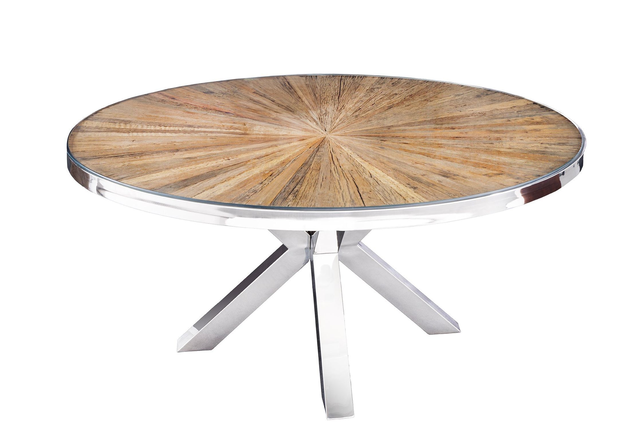 Esstisch Teakholz Hartglas Edelstahl Braun Chrom 140x140 cm