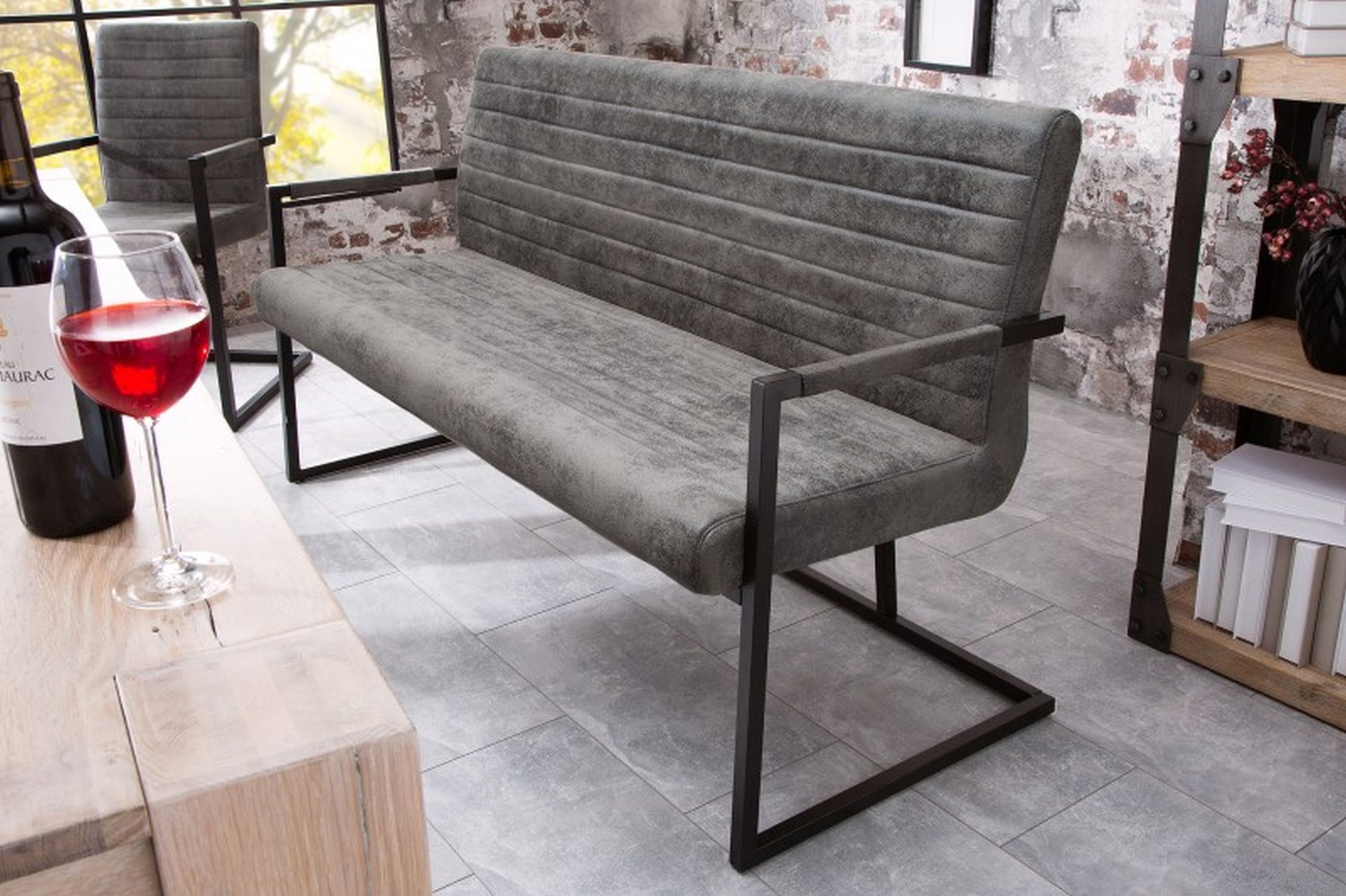 Sitzbank Microfaser Eisen 160 cm in Grau Schwarz