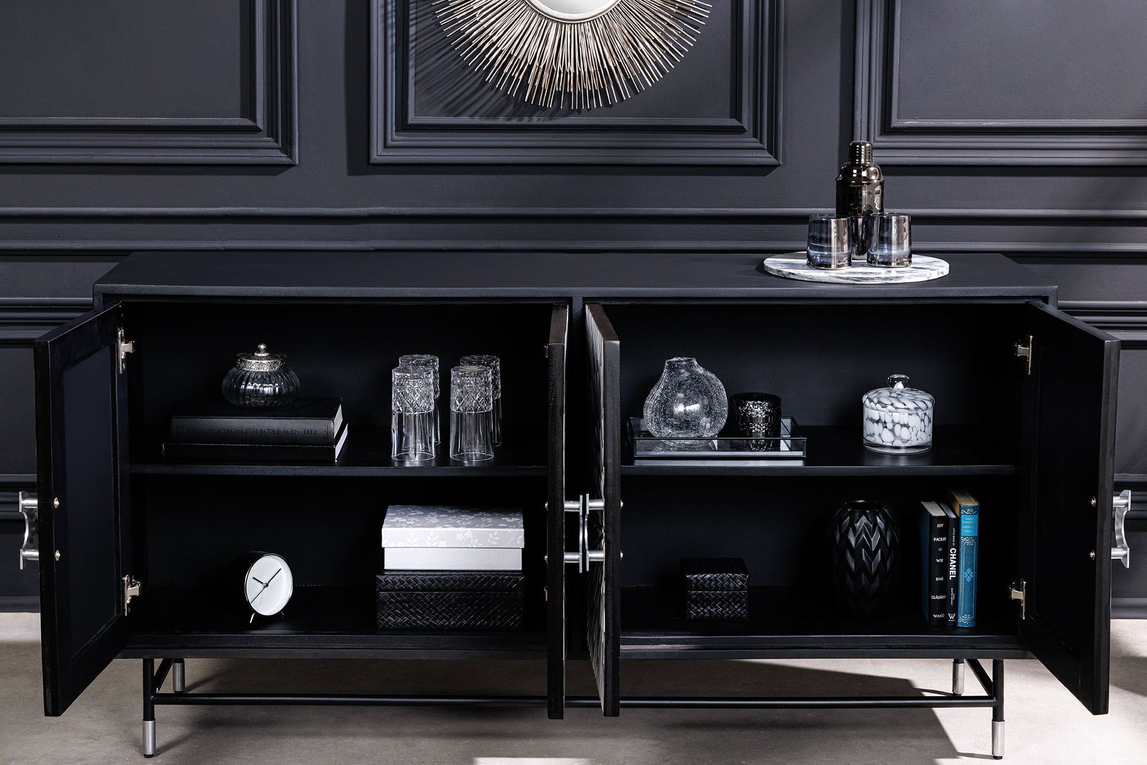 Sideboard Schwarz Weiß 160 x 80 cm Intarsien Handarbeit